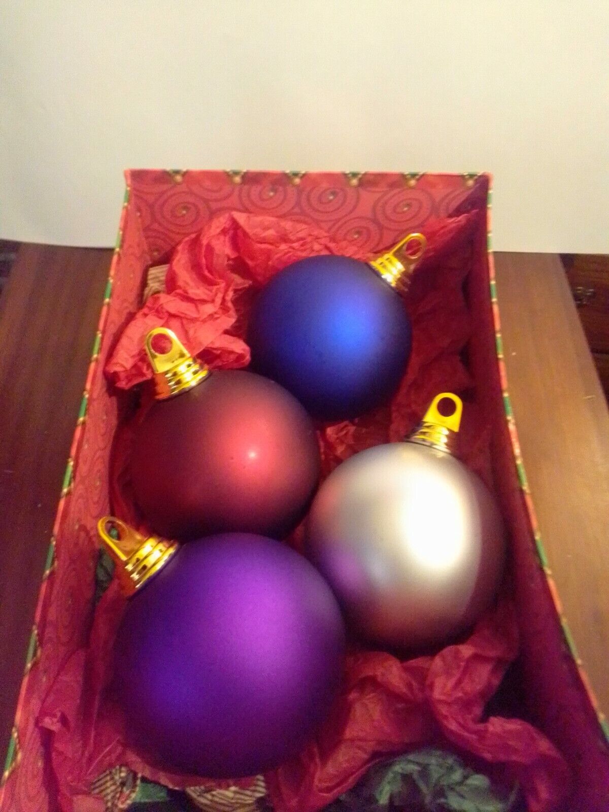 Set of 4 Vintage Large Christmas Ball Ornaments in Lindy Bowman Christmas Box