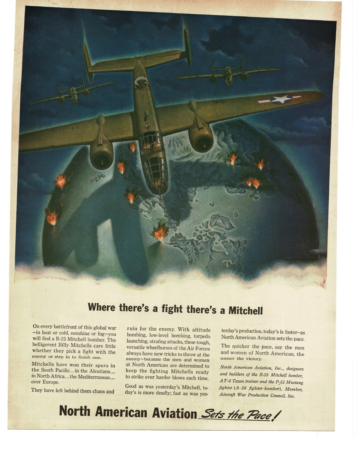 1943 North American B-25 Mitchell Bomber over earth globe WWII Vintage Print Ad