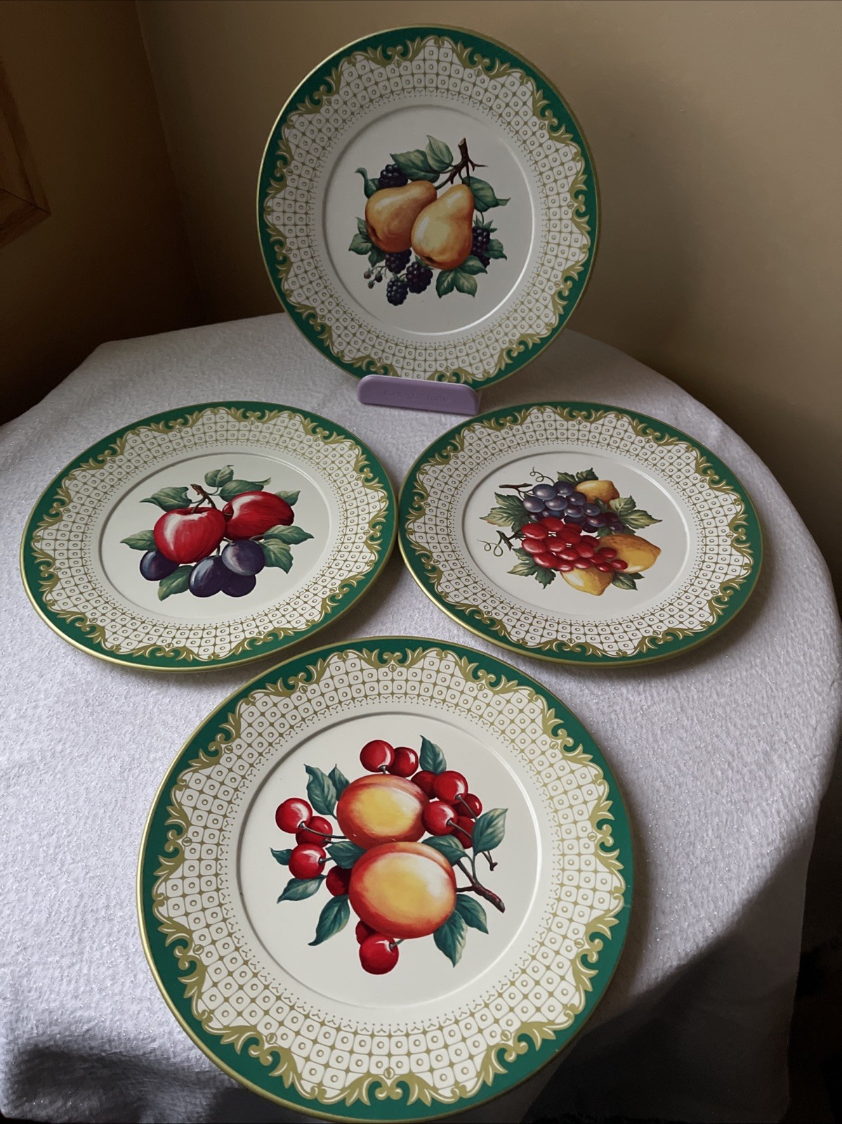Vintage Metal Tin Decorative Plates Set of 4 Fruit Motif Green Gold Border 10.5\ Vintage Metal Tin Decorative Plates Set of 4 Fruit Motif Green Gold Border 10.5\