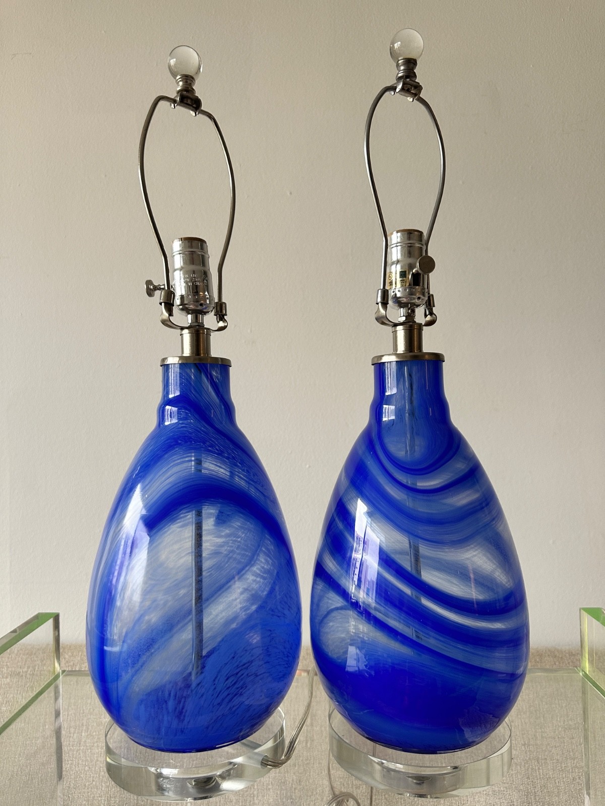 Pair Vintage Cobalt Blue Swirl Art Glass Table Lamps Lucite Bases MCM Pair Vintage Cobalt Blue Swirl Art Glass Table Lamps Lucite Bases MCM