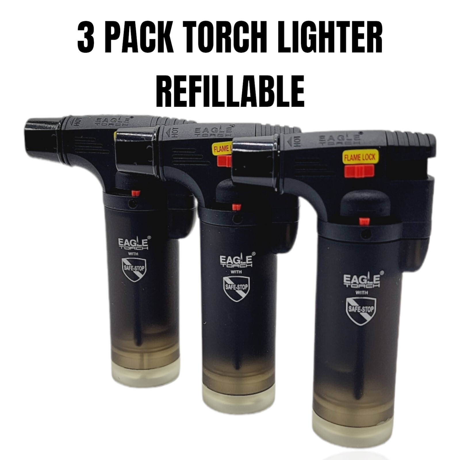 3 Pack BLACK Eagle Butane Torch Lighter Gun Windproof Adj Jet Flame Refillable 3 Pack BLACK Eagle Butane Torch Lighter Gun Windproof Adj Jet Flame Refillable
