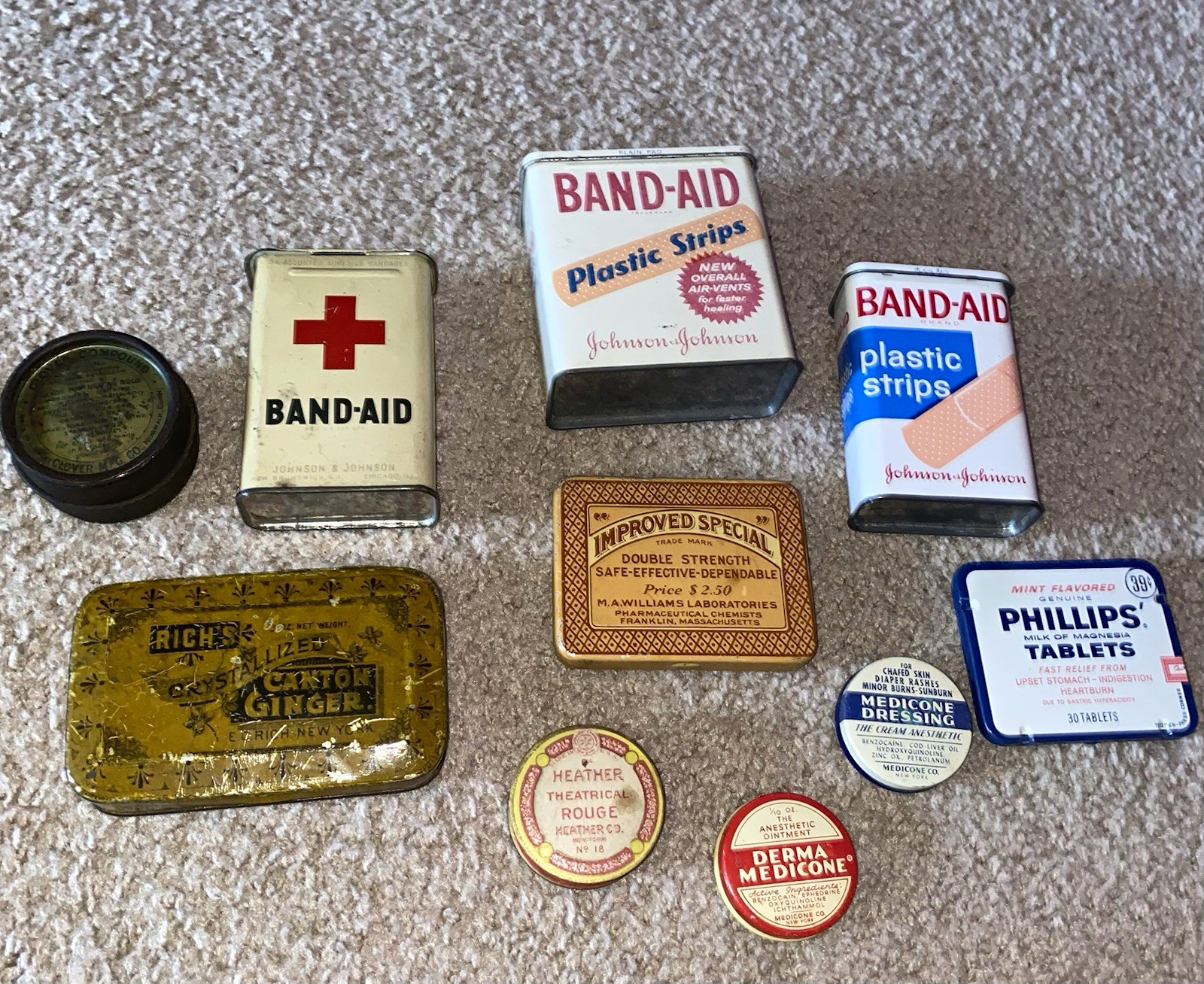 Vintage (mostly) Pharma Tins Lot Of 10: Band-Aid, Phillips Milk of Magnesia, Med Vintage (mostly) Pharma Tins Lot Of 10: Band-Aid, Phillips Milk of Magnesia, Med