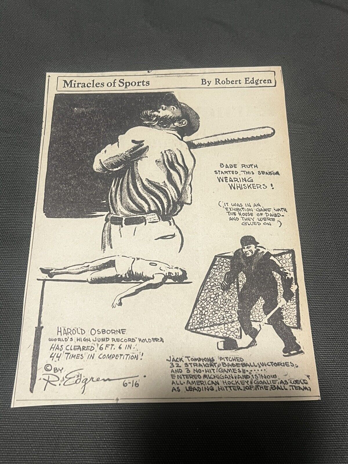 Babe Ruth newspaper cartoon Miracles of Sports June 16th, 1931