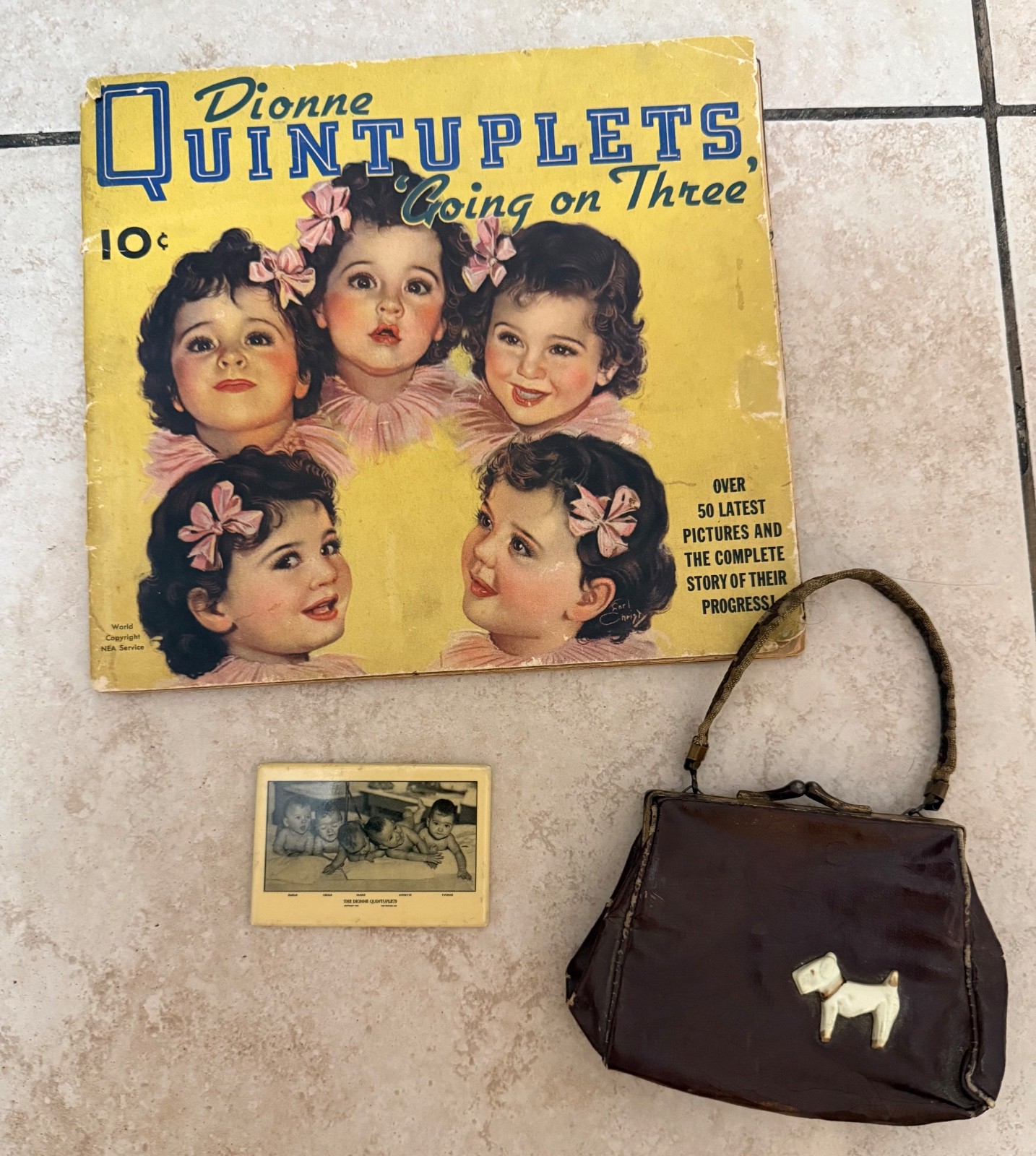 Dionne Quintuplets Child's Purse Herz & Kory, Mirror, Paper Book Booklet 1936 Dionne Quintuplets Child's Purse Herz & Kory, Mirror, Paper Book Booklet 1936