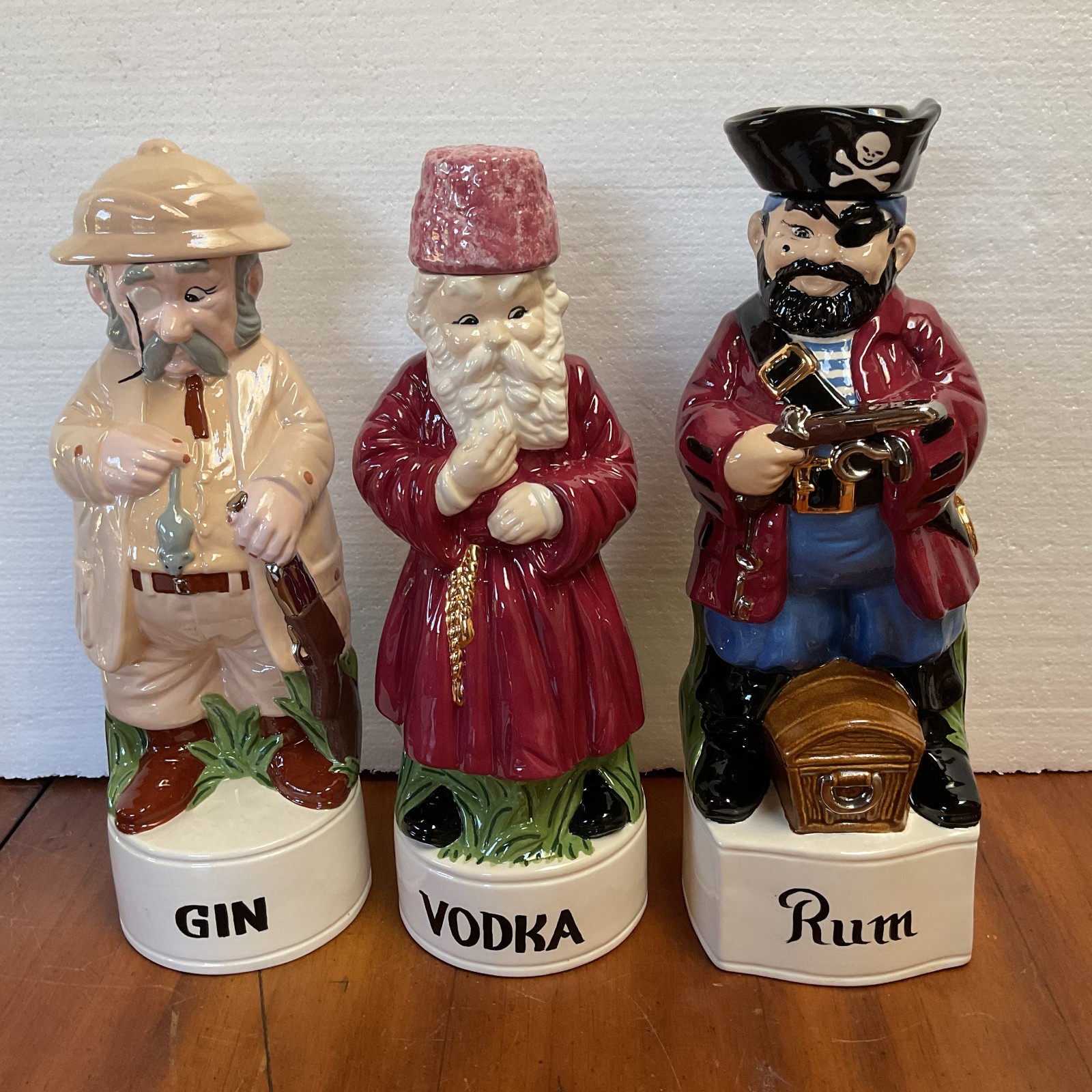 Vintage Alberta's Molds Ceramic Decanters Lot 3 Gin Vodka Rum Figures 1960s Vintage Alberta's Molds Ceramic Decanters Lot 3 Gin Vodka Rum Figures 1960s