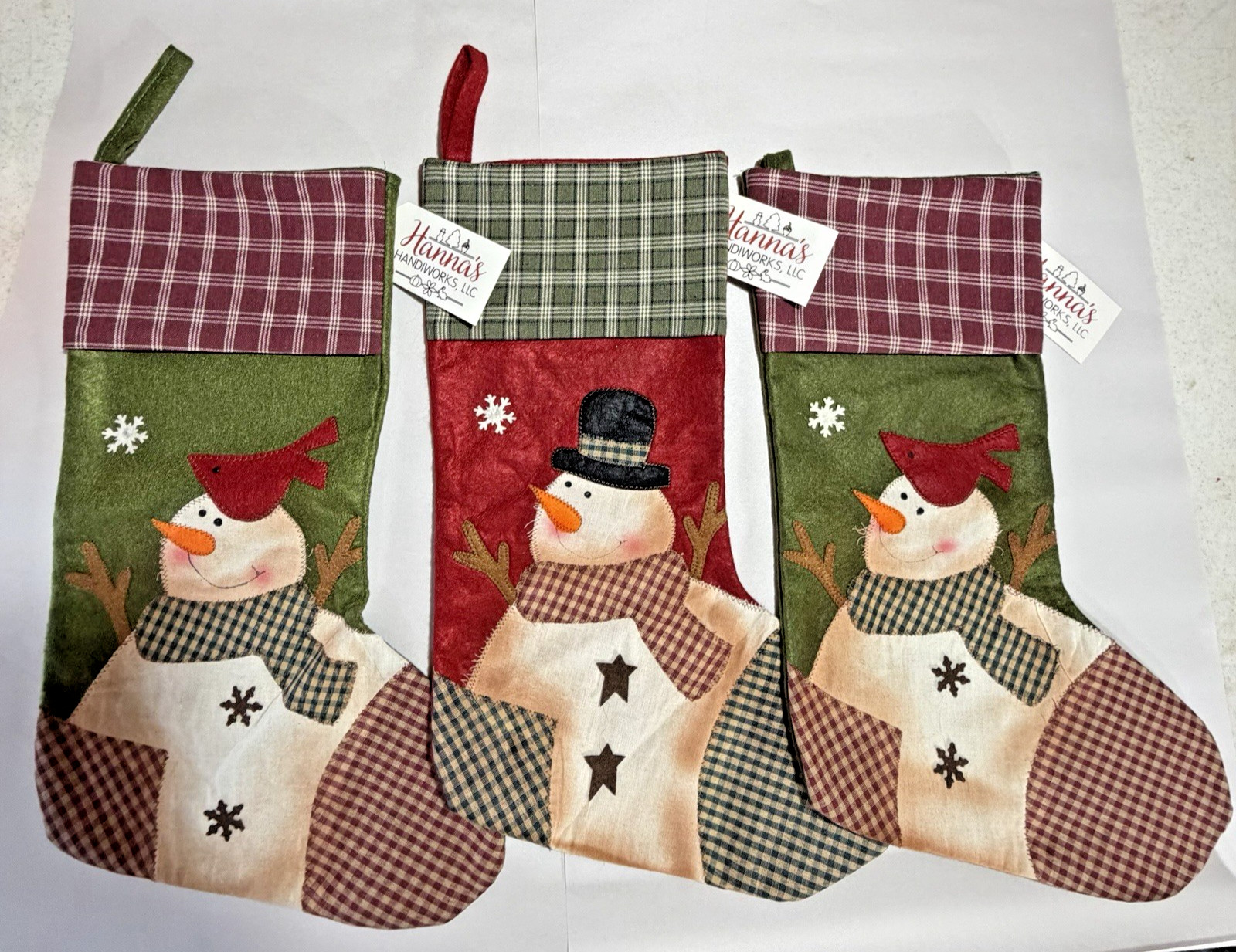 Set 3 Hanna\'s Handiworks Snowman Stocking Felt VTG Look Redbird Plaid New/Tags Set 3 Hanna\'s Handiworks Snowman Stocking Felt VTG Look Redbird Plaid New/Tags