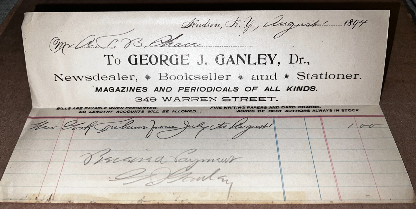 1894 George J Ganley Hudson NY Newsdealer Bookseller New York Tribune Billhead 1894 George J Ganley Hudson NY Newsdealer Bookseller New York Tribune Billhead