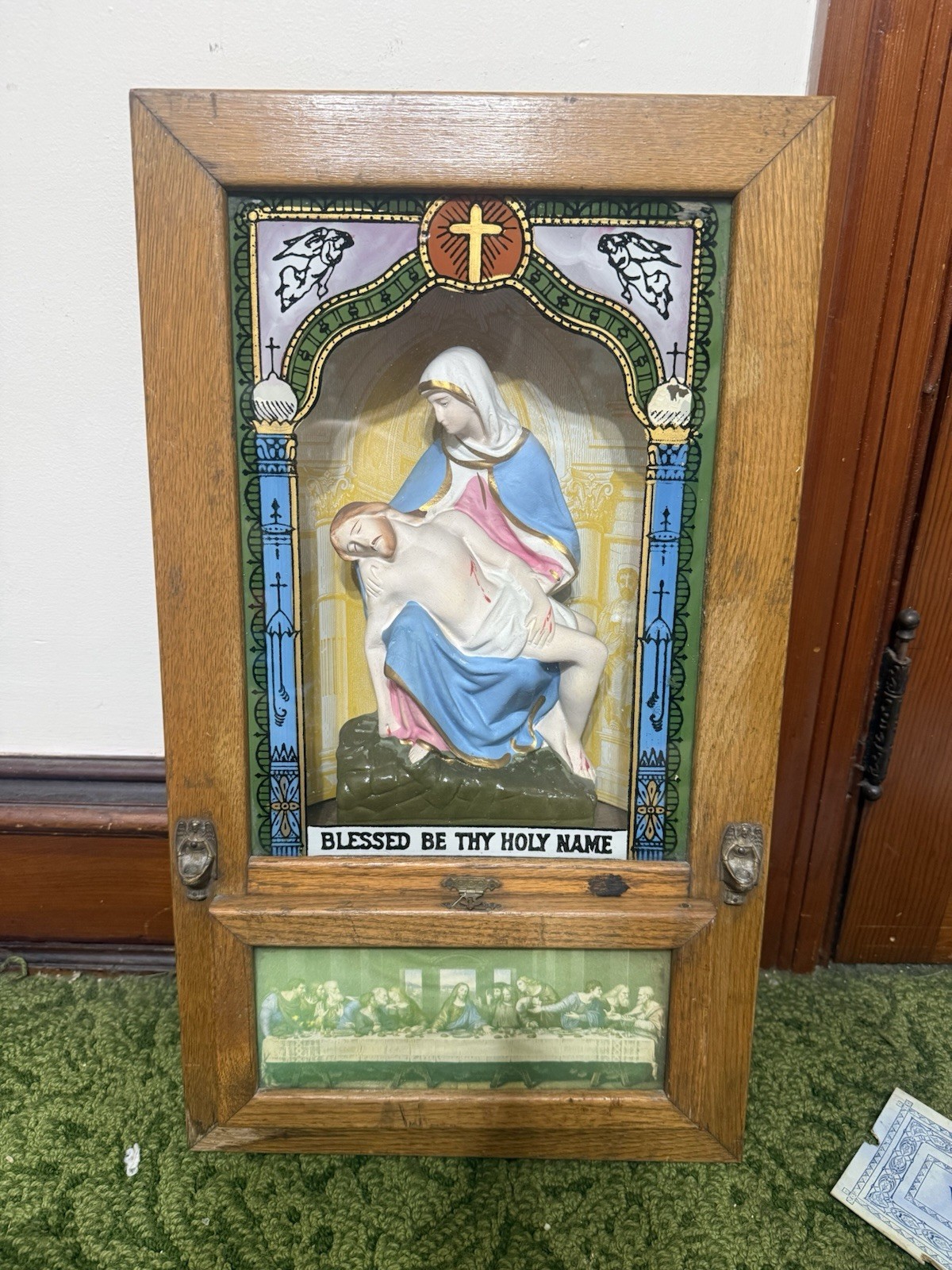 Antique Catholic Viaticum Last Rites Sick Call Altar Pieta Oak Cabinet