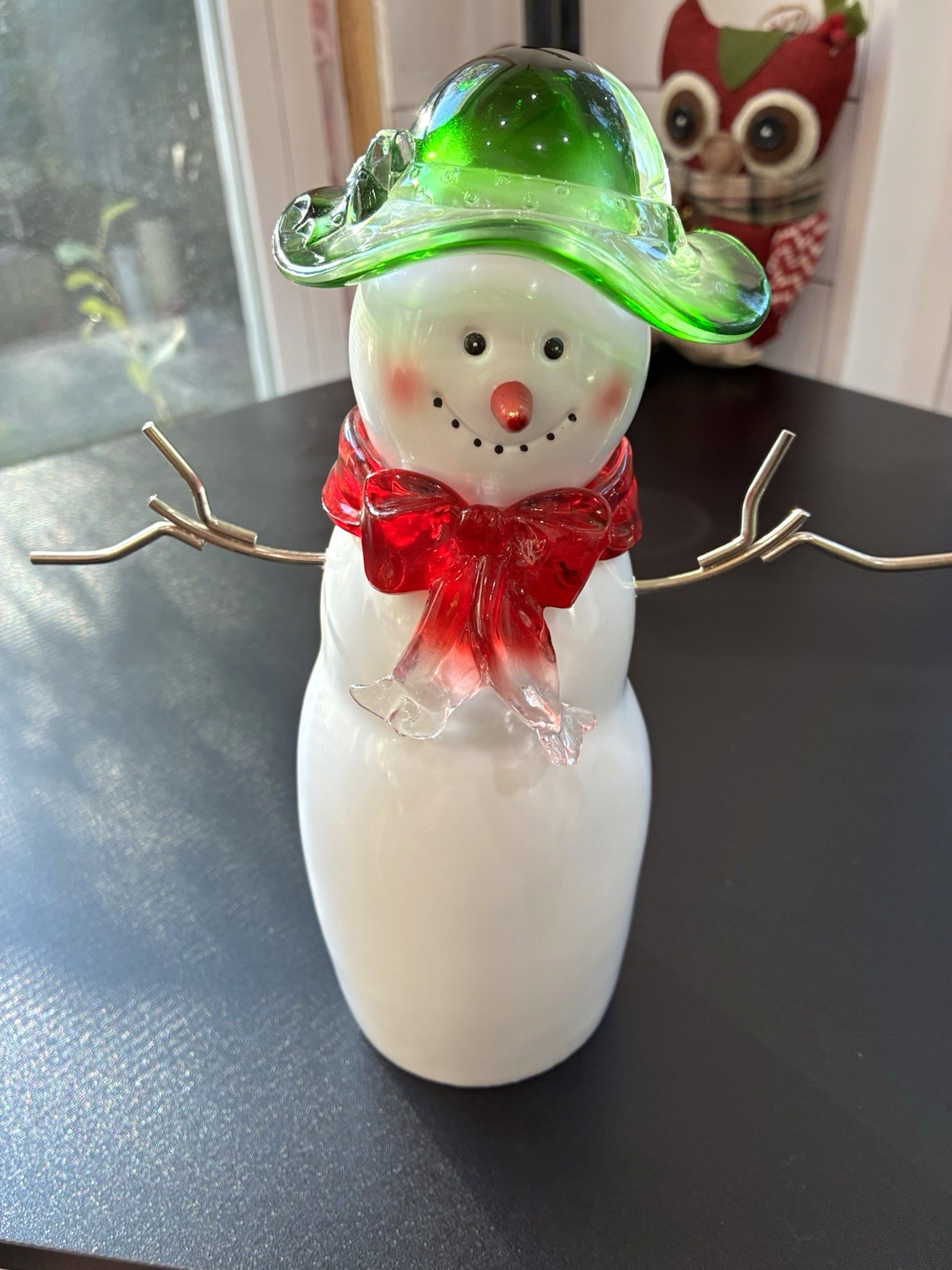 Glass Snowman Figurine 10 in 3D Effect Glossy Green Hat Red Scarf Metal Arms Glass Snowman Figurine 10 in 3D Effect Glossy Green Hat Red Scarf Metal Arms