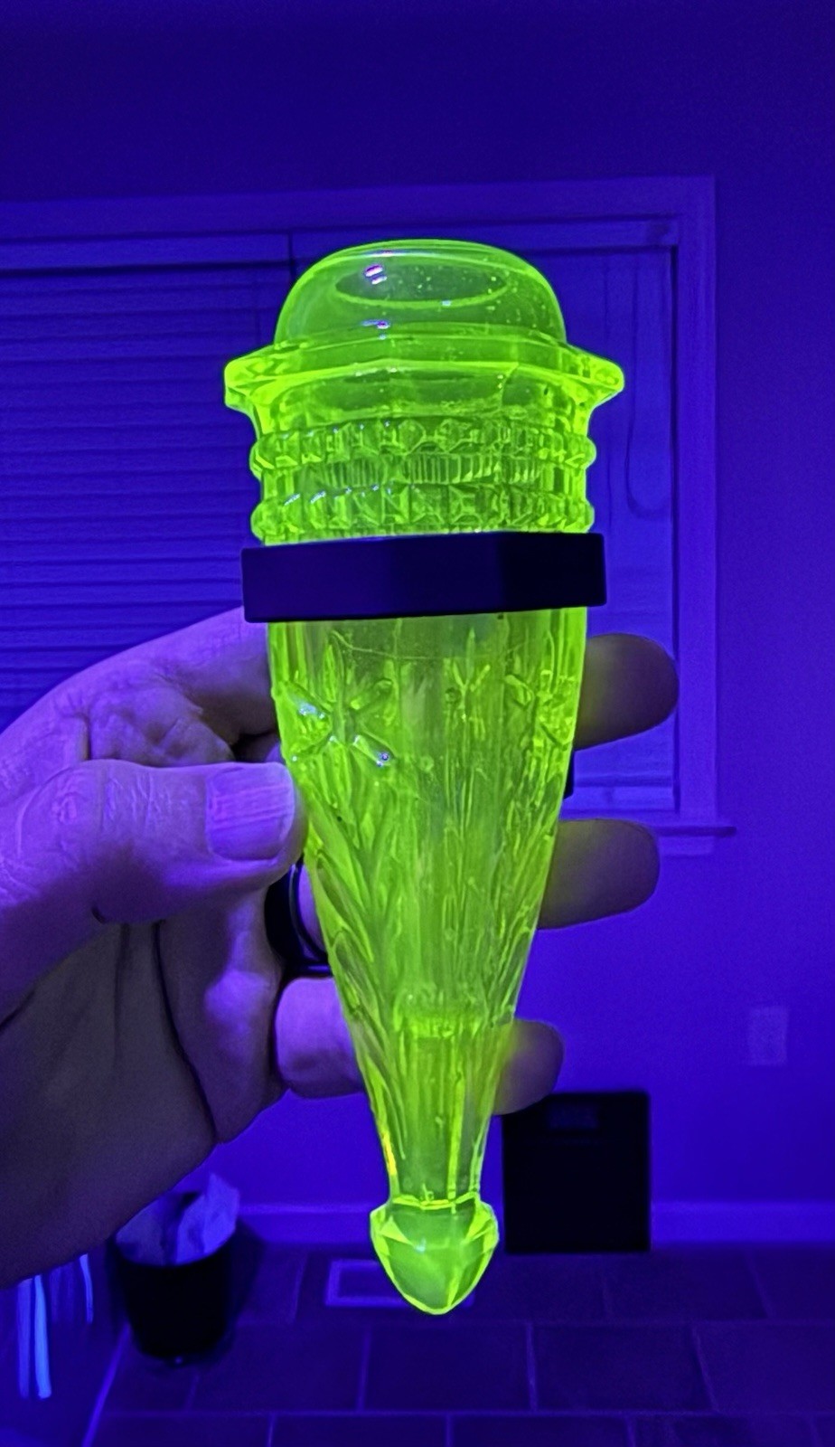 Vintage 1920s Uranium Glass Automobile Bud Vase (w/ bracket) Vintage 1920s Uranium Glass Automobile Bud Vase (w/ bracket)