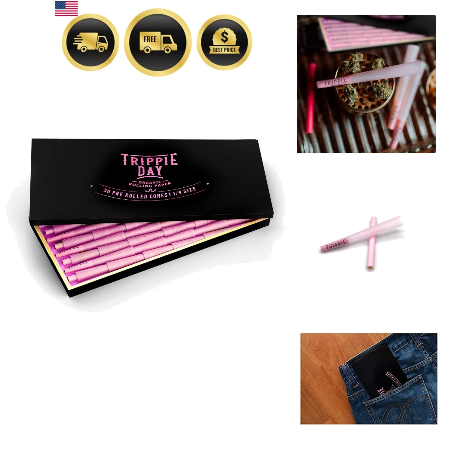 Pink 1/4 Size Pre Rolled Cones in an Eco friendly Box |  & Non GMO | Includes...