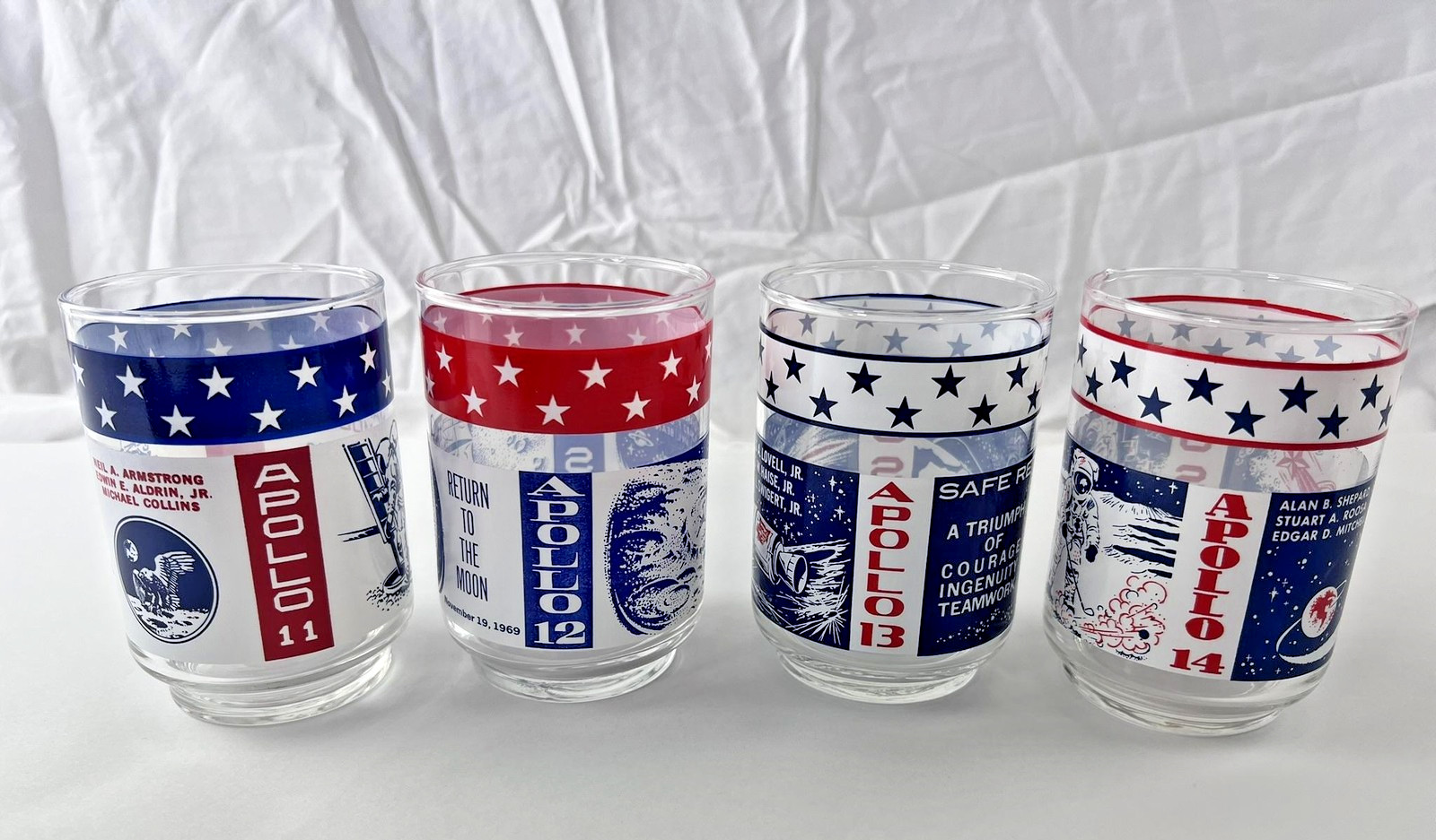 Vintage Apollo 11 12 13 14 Space Mission Glasses Set NASA Moon Landing USA