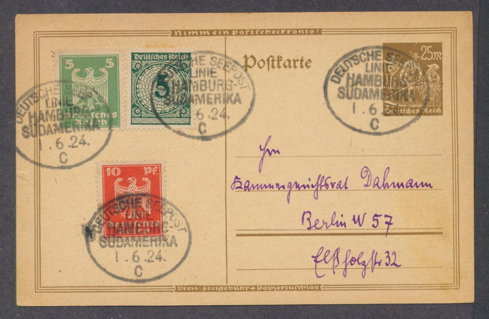 1924 Hamburg Sudamerika Seapost cancel uprated postal card Farmer Eagle franking 1924 Hamburg Sudamerika Seapost cancel uprated postal card Farmer Eagle franking