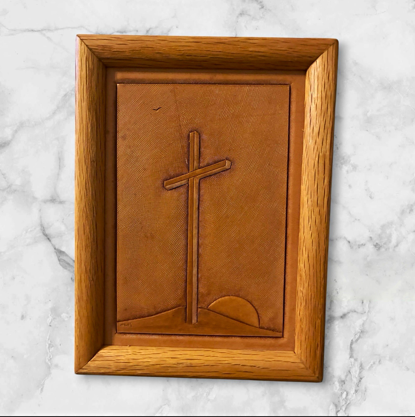 Darwin Ohlerking Vintage Tooled Leather Cross Art Framed Iowa Master Artist