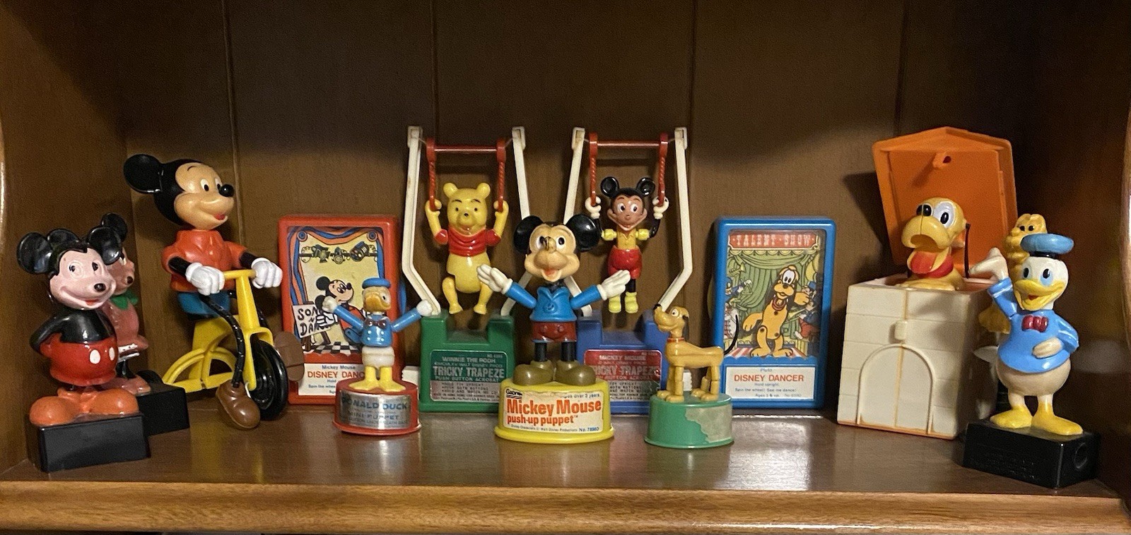Vintage Disney Toy 13 Pc Lot Pluto Donald Mickey Minnie Push Dancer Bike 1970’s