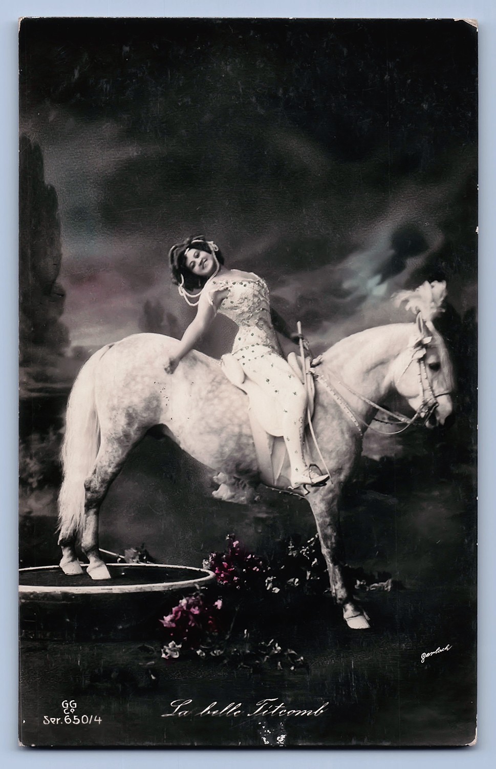 La Belle Fatma Lady White Horse Antique 1909 Tinted Photo Postcard GG Co -1303 La Belle Fatma Lady White Horse Antique 1909 Tinted Photo Postcard GG Co -1303