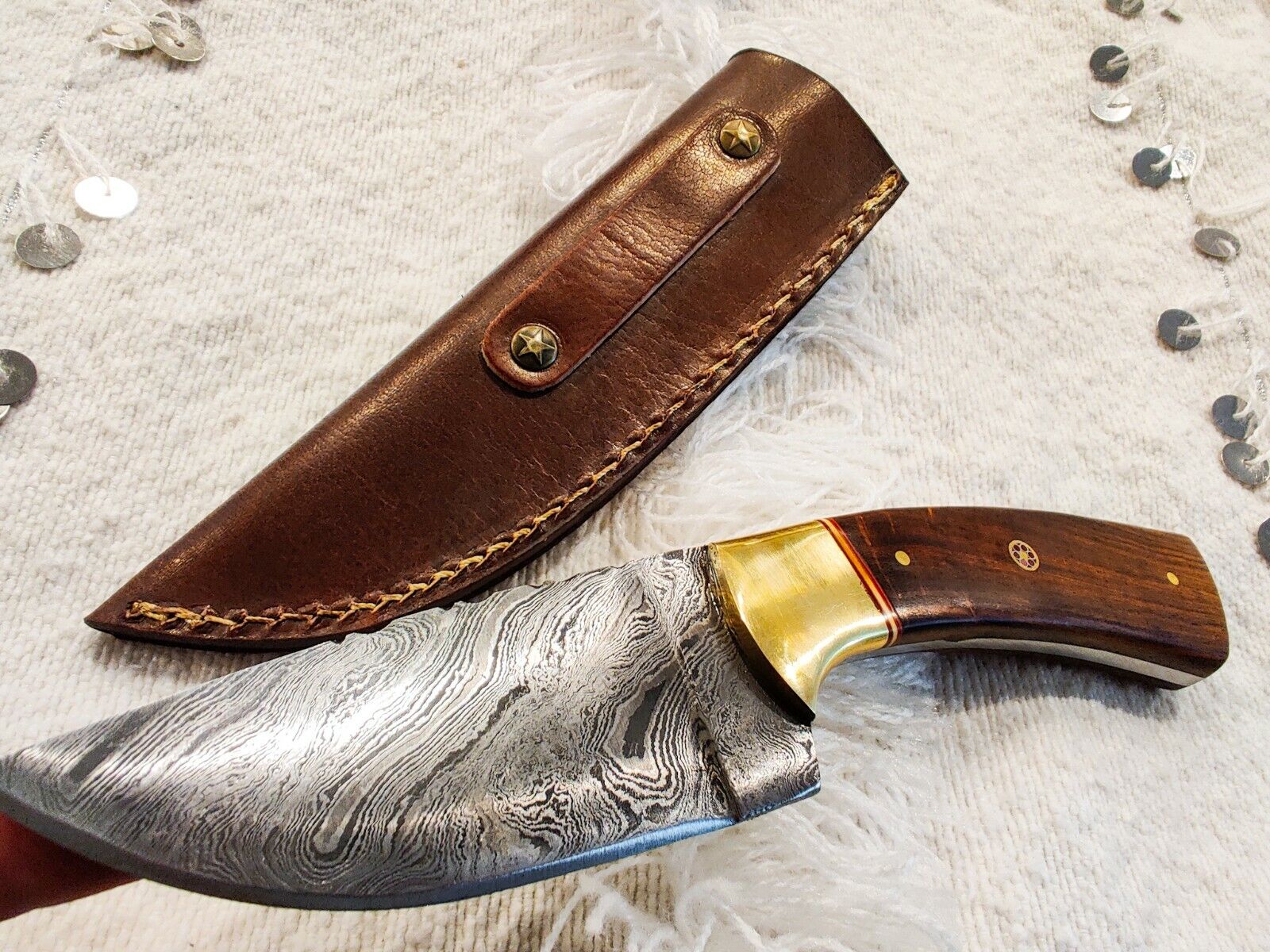 HAND forged Damascus steel KNIFE hunting ROSE wood &brace handle, small mosaic,