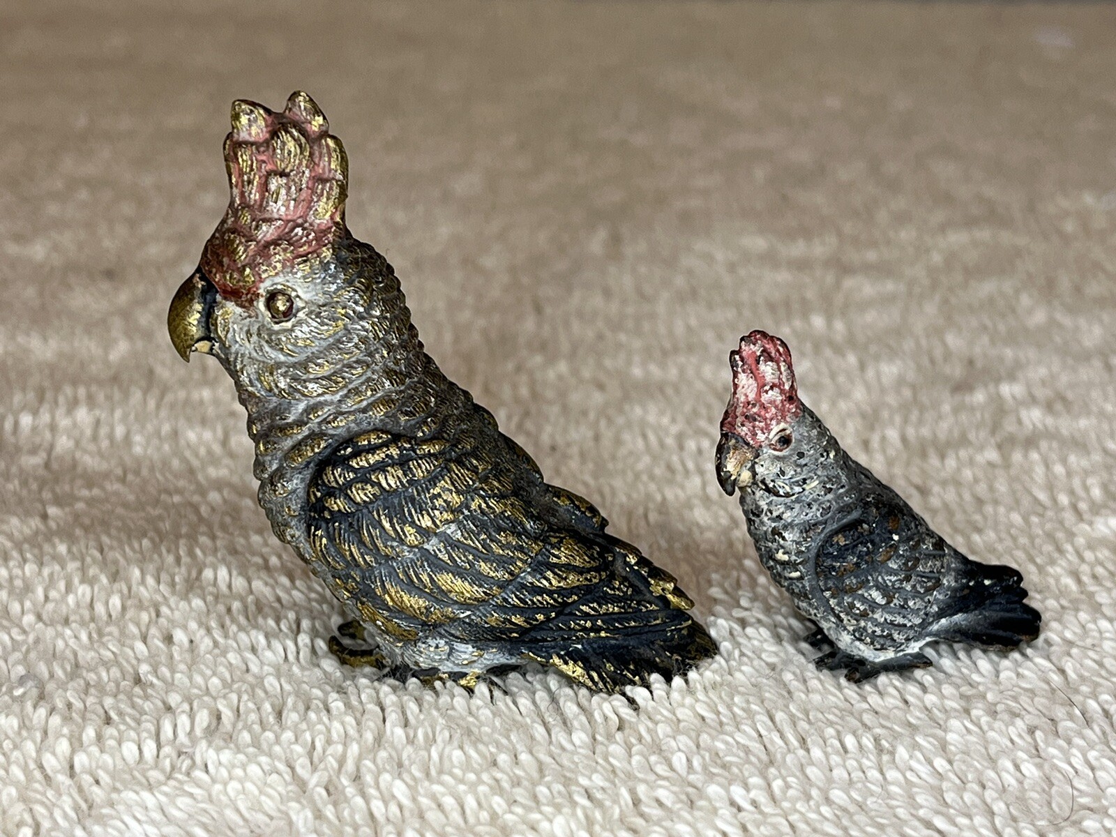 Two Vienna Bronze Cockatoo Birds Franz Bergman Style 2 Big Little Pair Austrian Two Vienna Bronze Cockatoo Birds Franz Bergman Style 2 Big Little Pair Austrian