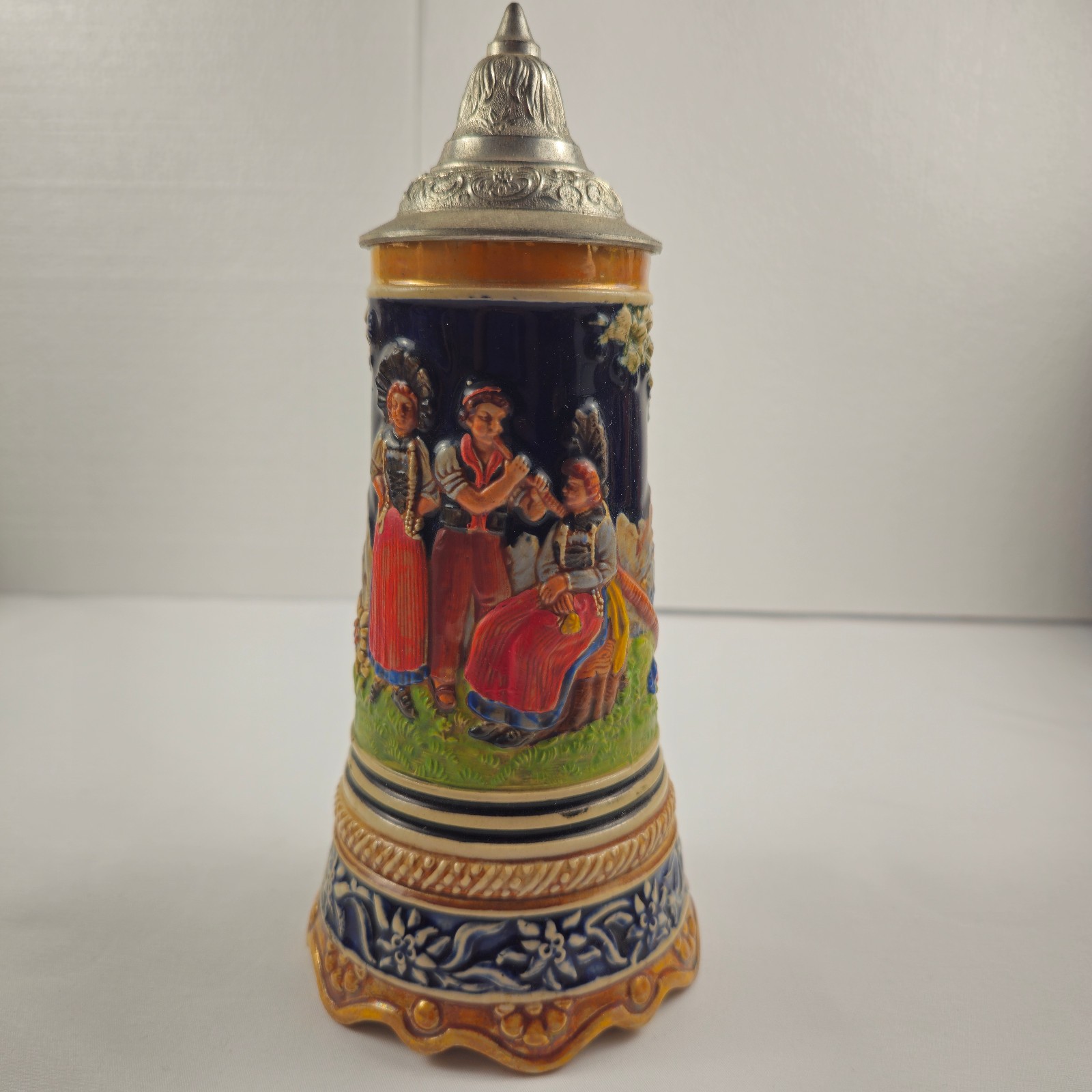 Vtg German Wind Up Music Box Beer Stein Pewter Lid Alpine Scene 9in DBGM Stien#4