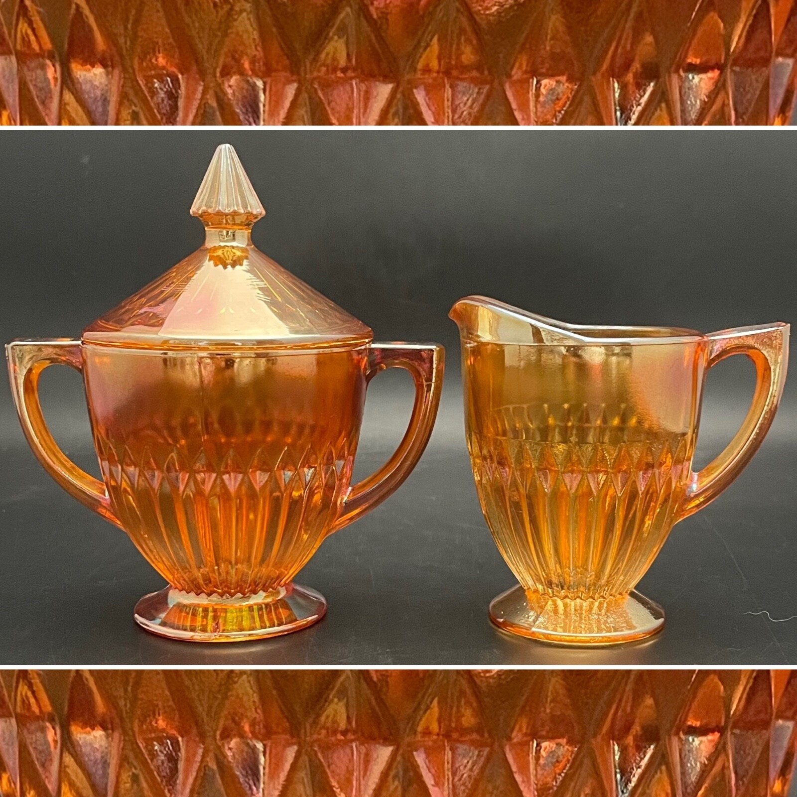 Jeannette Glass 2pc Anniversary Marigold Iridescent Creamer Sugar Set c1960s USA Jeannette Glass 2pc Anniversary Marigold Iridescent Creamer Sugar Set c1960s USA