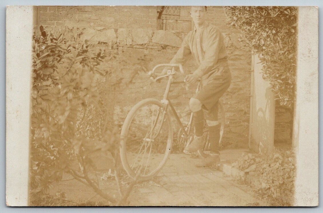 Vintage RPPC Real Photo Man With Early Bicycle c1910 Postcard Vintage RPPC Real Photo Man With Early Bicycle c1910 Postcard