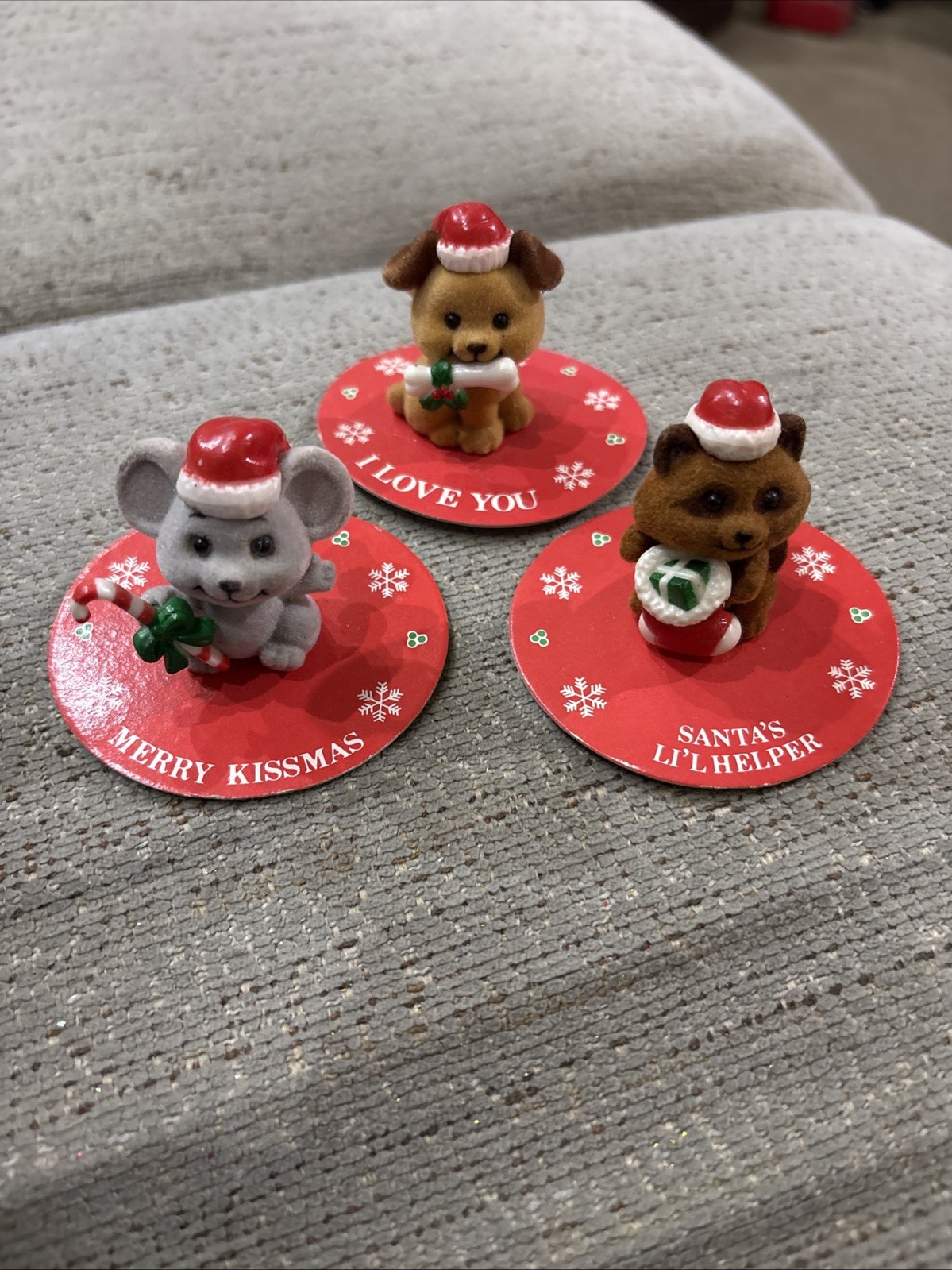3 Vintage Russ & Berrie Co. Mini Christmas Flocked Figures Dog Mouse 3 Vintage Russ & Berrie Co. Mini Christmas Flocked Figures Dog Mouse