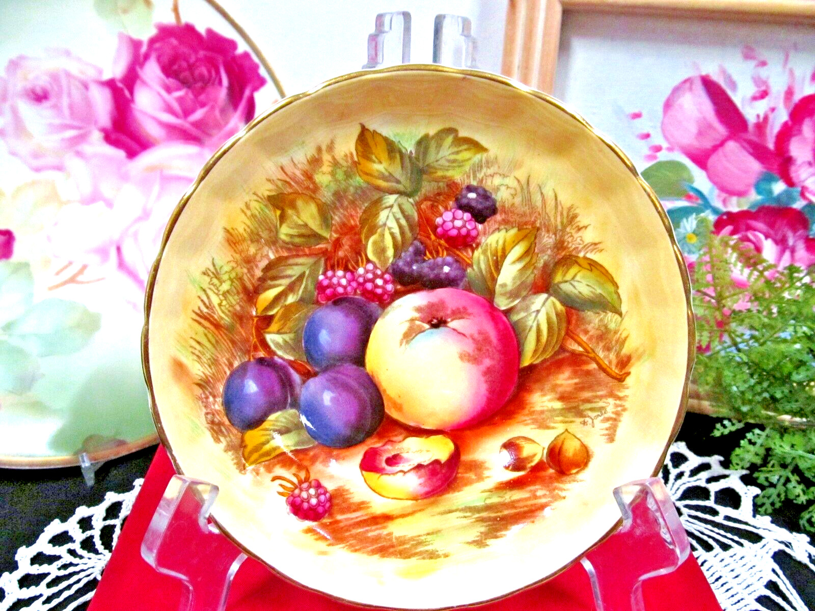 AYNSLEY candy dish  PAINTED orchard fruit signed Doris Jones