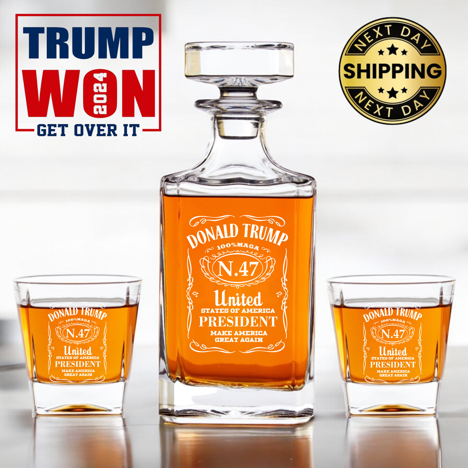 Donald Trump N.47 US President-  Engraved Whiskey Decanter +2  Glasses