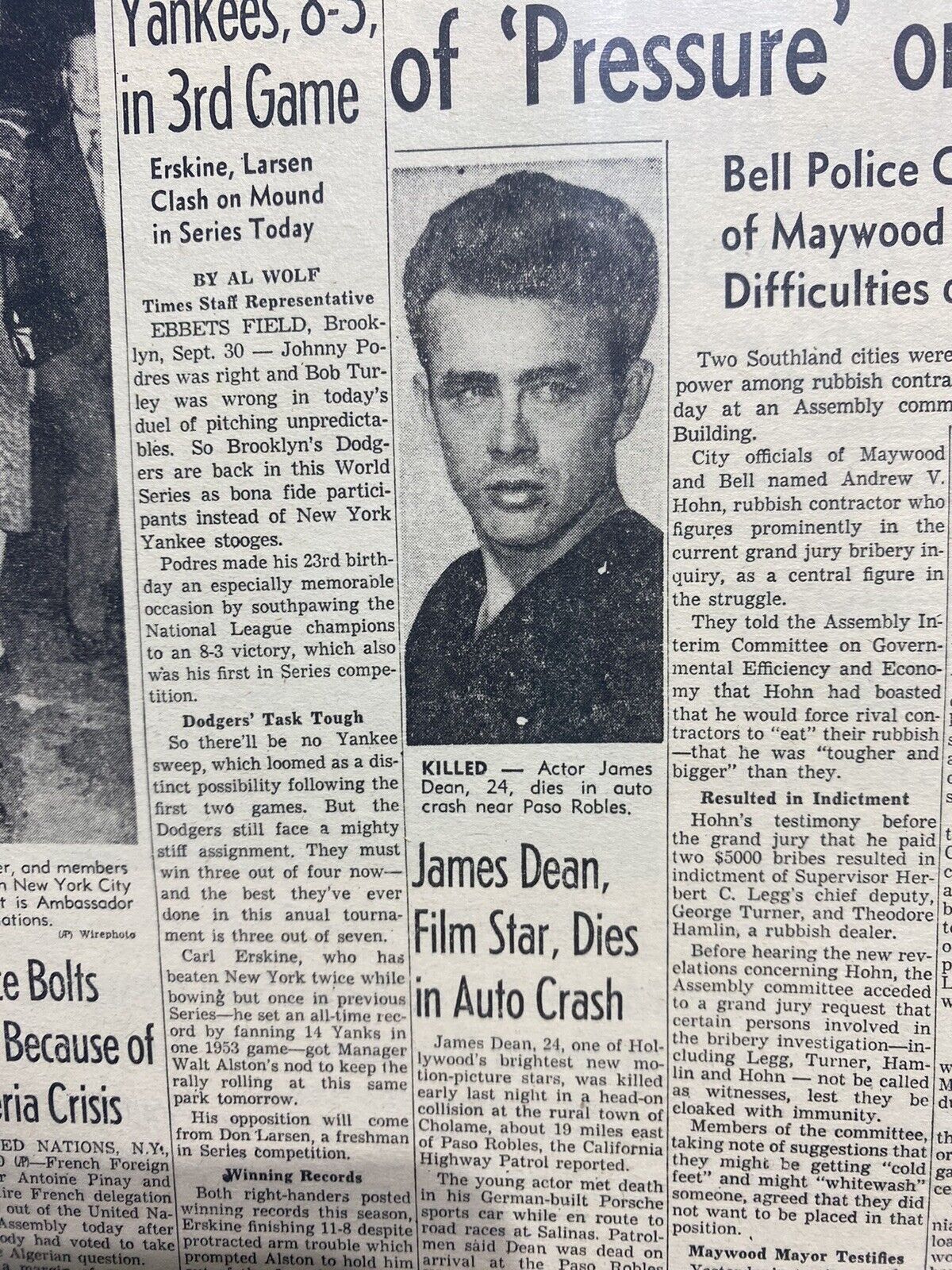 VINTAGE NEWSPAPER HEADLINE  JAMES DEAN STAR DIES AUTO CRASH PORSCHE SPIDER 1955