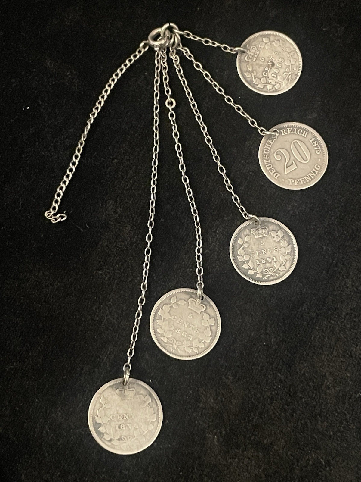 Sterling Chain FOB Token Coins 1875 Pfenning & Canadian 5C 1874, 82, 85 & 91๐บ๐บ Sterling Chain FOB Token Coins 1875 Pfenning & Canadian 5C 1874, 82, 85 & 91๐บ๐บ