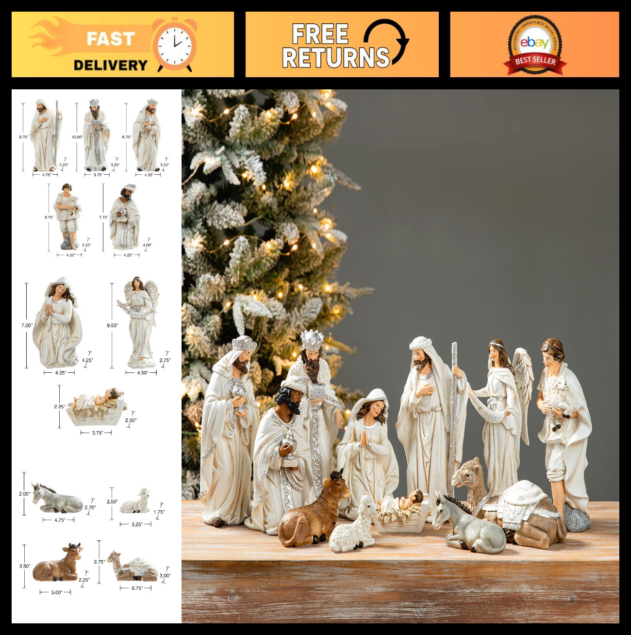12Pcs Ivory Resin Nativity Figurines Set - Christmas Tabletop Ornaments & Decor