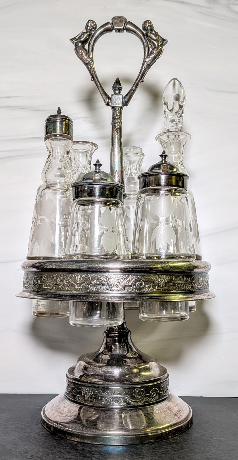 Antique Victorian Silver Plate Revolving Castor Cruet Set Etched Bottles Cherub Antique Victorian Silver Plate Revolving Castor Cruet Set Etched Bottles Cherub