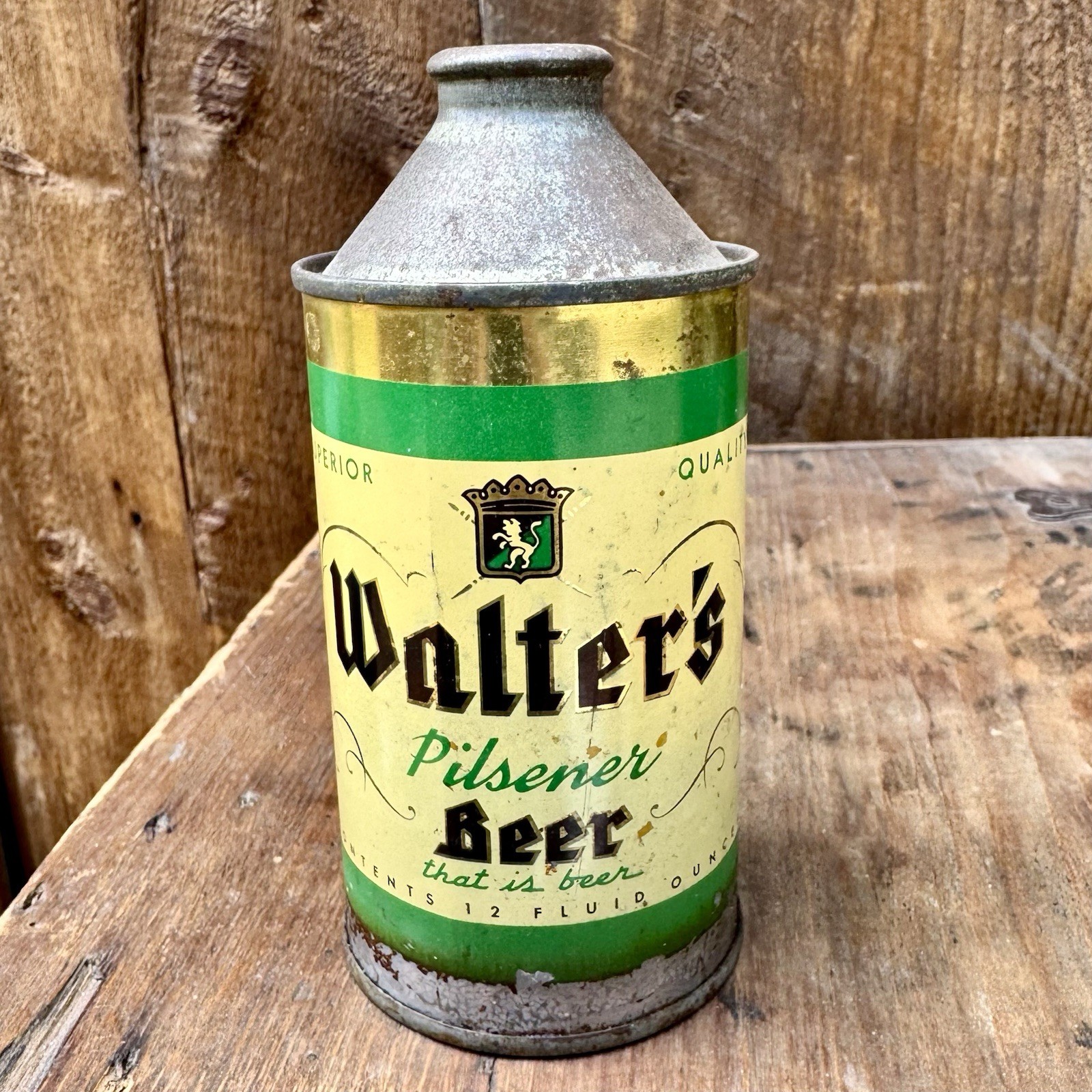 RARE WALTER'S PILSENER BEER 1950S CONE TOP BEER CAN EAU CLAIRE WISCONSIN RARE WALTER'S PILSENER BEER 1950S CONE TOP BEER CAN EAU CLAIRE WISCONSIN