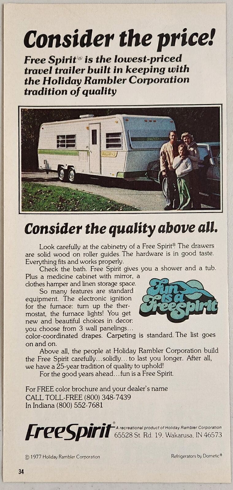 1978 Print Ad Free Spirit Travel Trailers by Holiday Rambler Wakarusa,Indiana 1978 Print Ad Free Spirit Travel Trailers by Holiday Rambler Wakarusa,Indiana