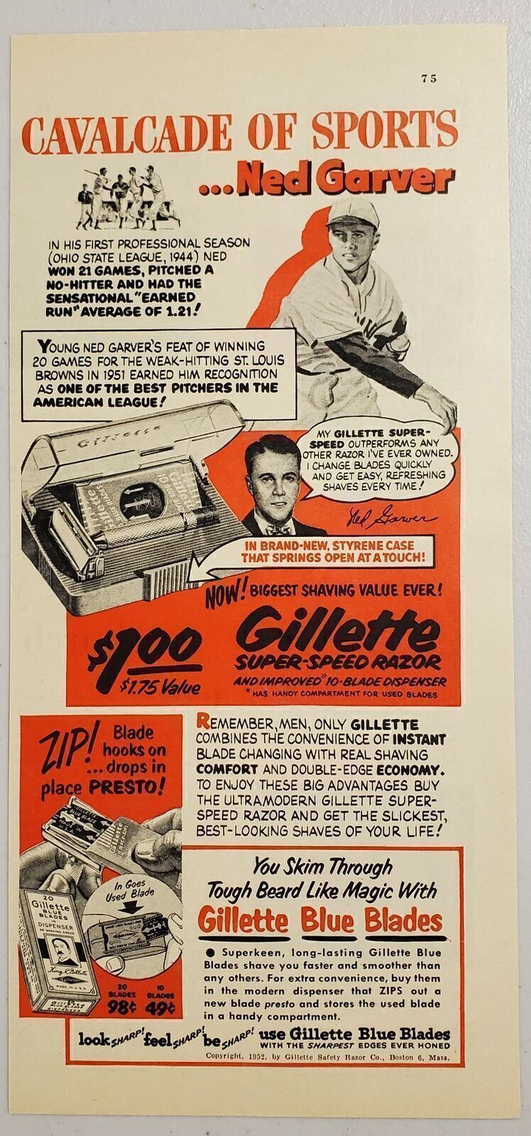 1952 Print Ad Gillette Razor Blades Ned Garver Baseball St Louis Browns 1952 Print Ad Gillette Razor Blades Ned Garver Baseball St Louis Browns