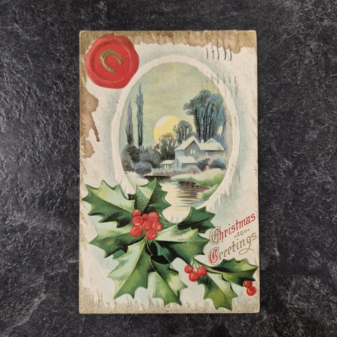 Antique 1910 Embossed Christmas Postcard Wax Seal Horseshoe Holly Hartford CT