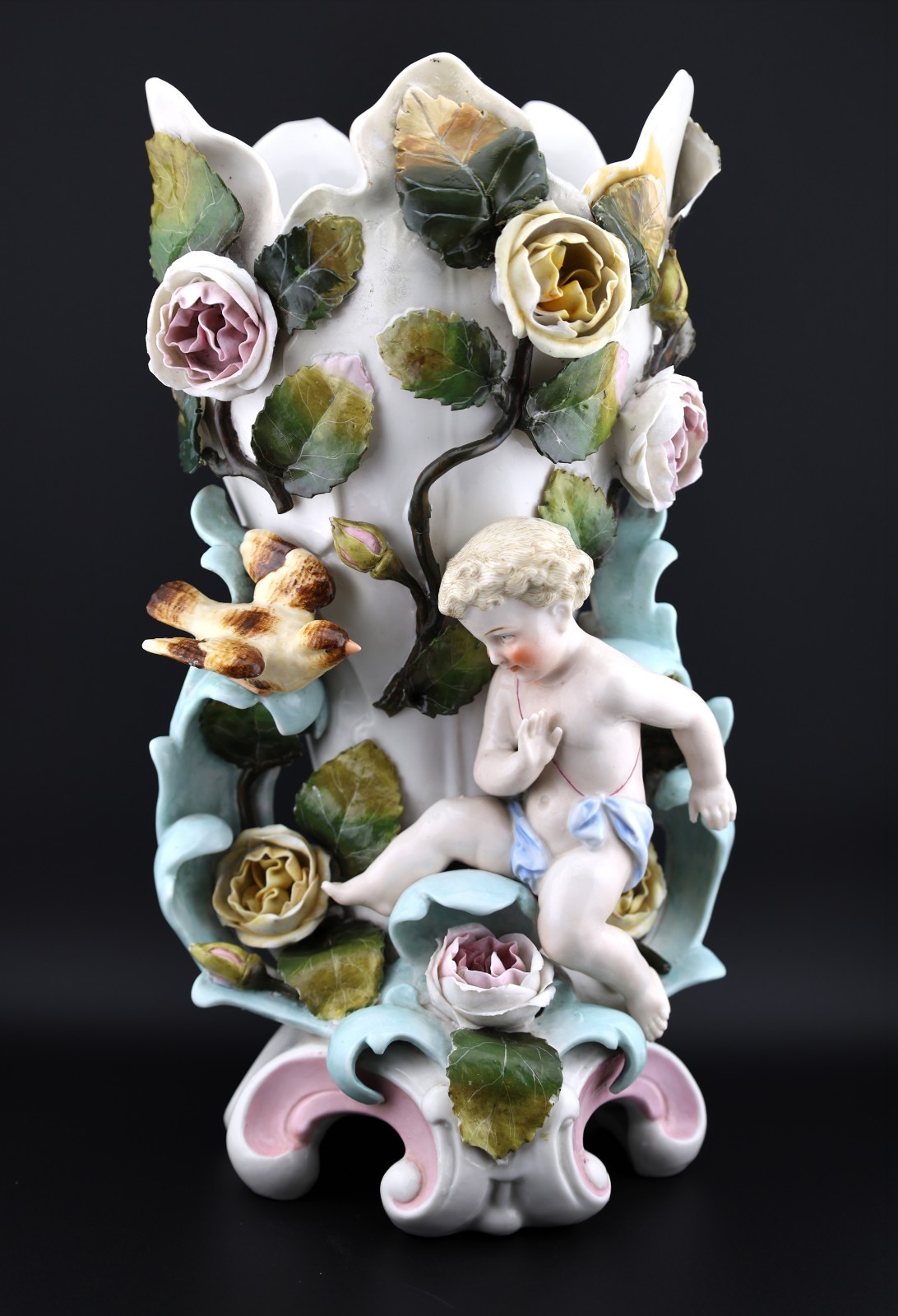 Antique Sitzendorf Porcelain Cherub Vase German Putto Applied Roses c1884 Antique Sitzendorf Porcelain Cherub Vase German Putto Applied Roses c1884