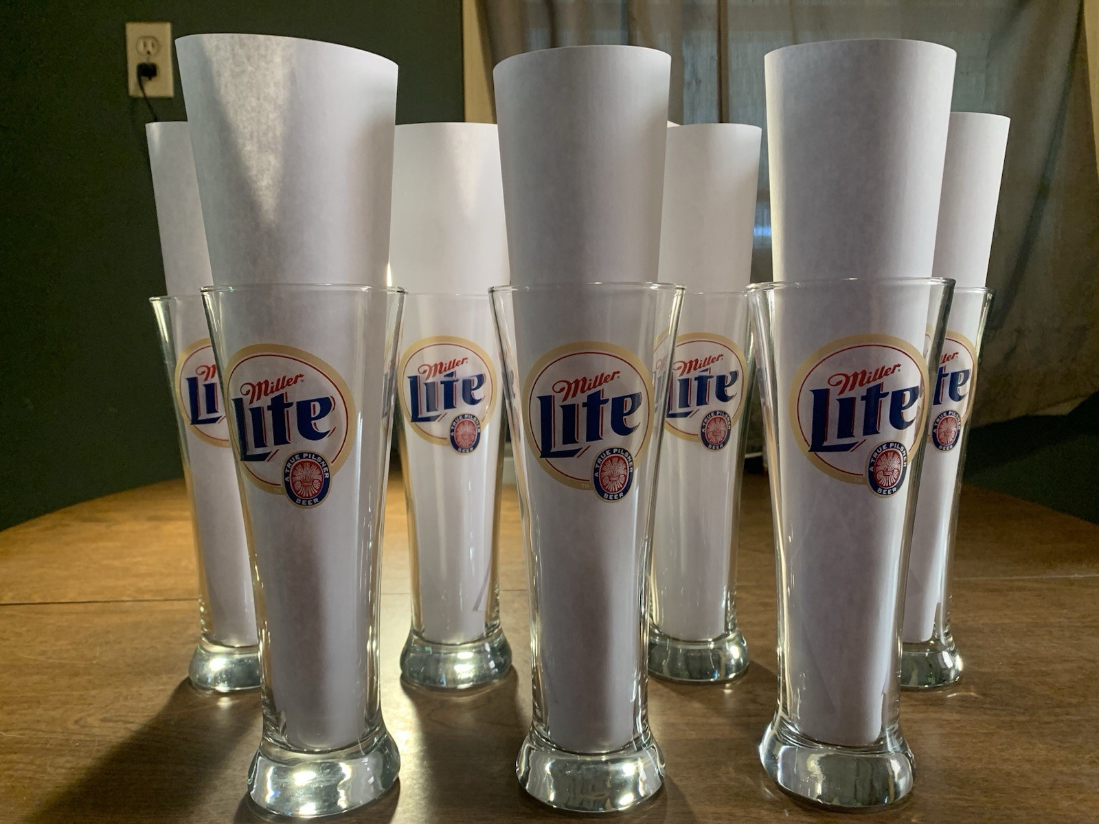 Lot of 7 Vintage Miller Lite Tall Pilsner Beer Glasses Retro Barware READ DESCRI