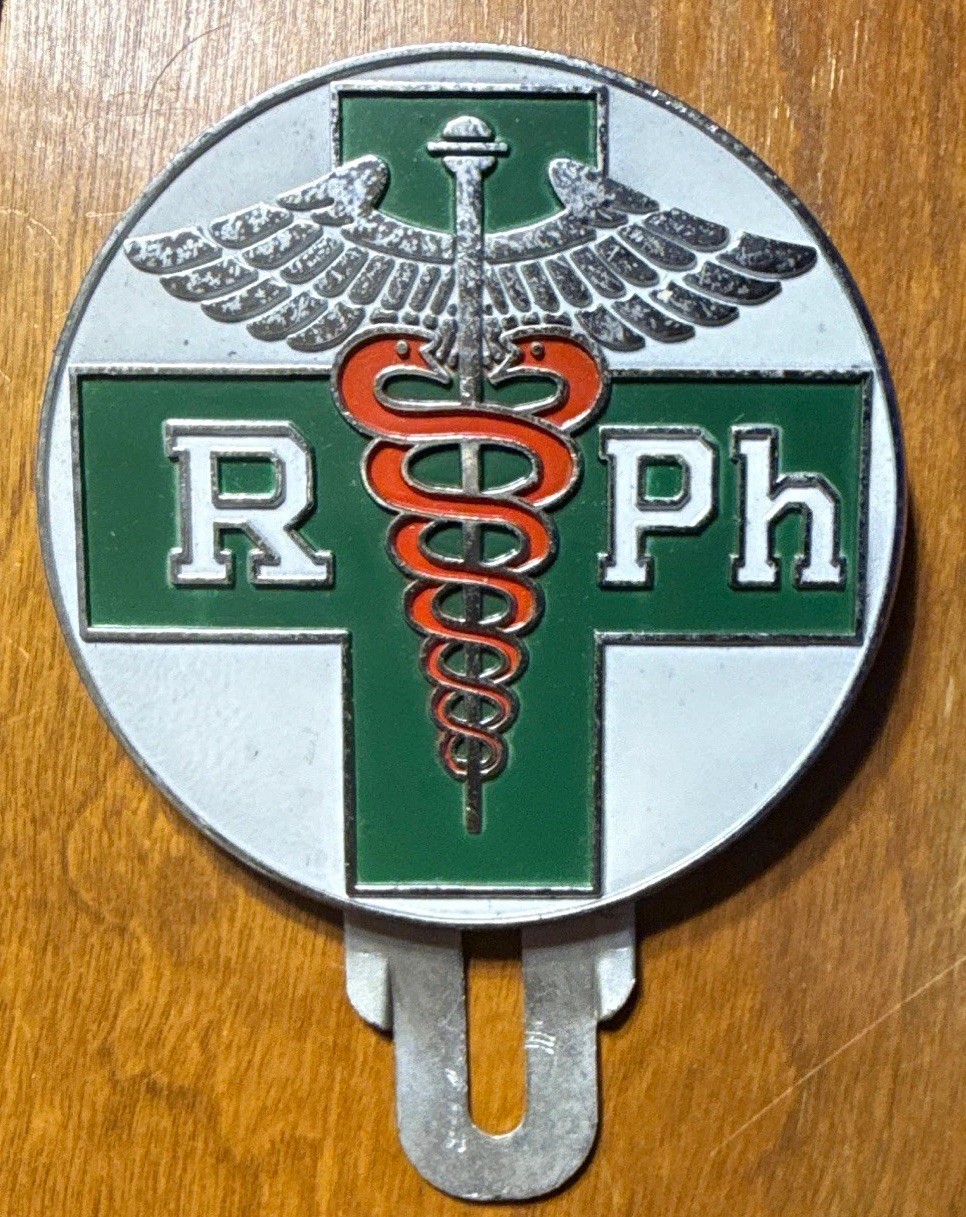 Vintage 1950s Pharmacist Emblem w/ Bracket Brass/Enamel Plate topper Vintage 1950s Pharmacist Emblem w/ Bracket Brass/Enamel Plate topper