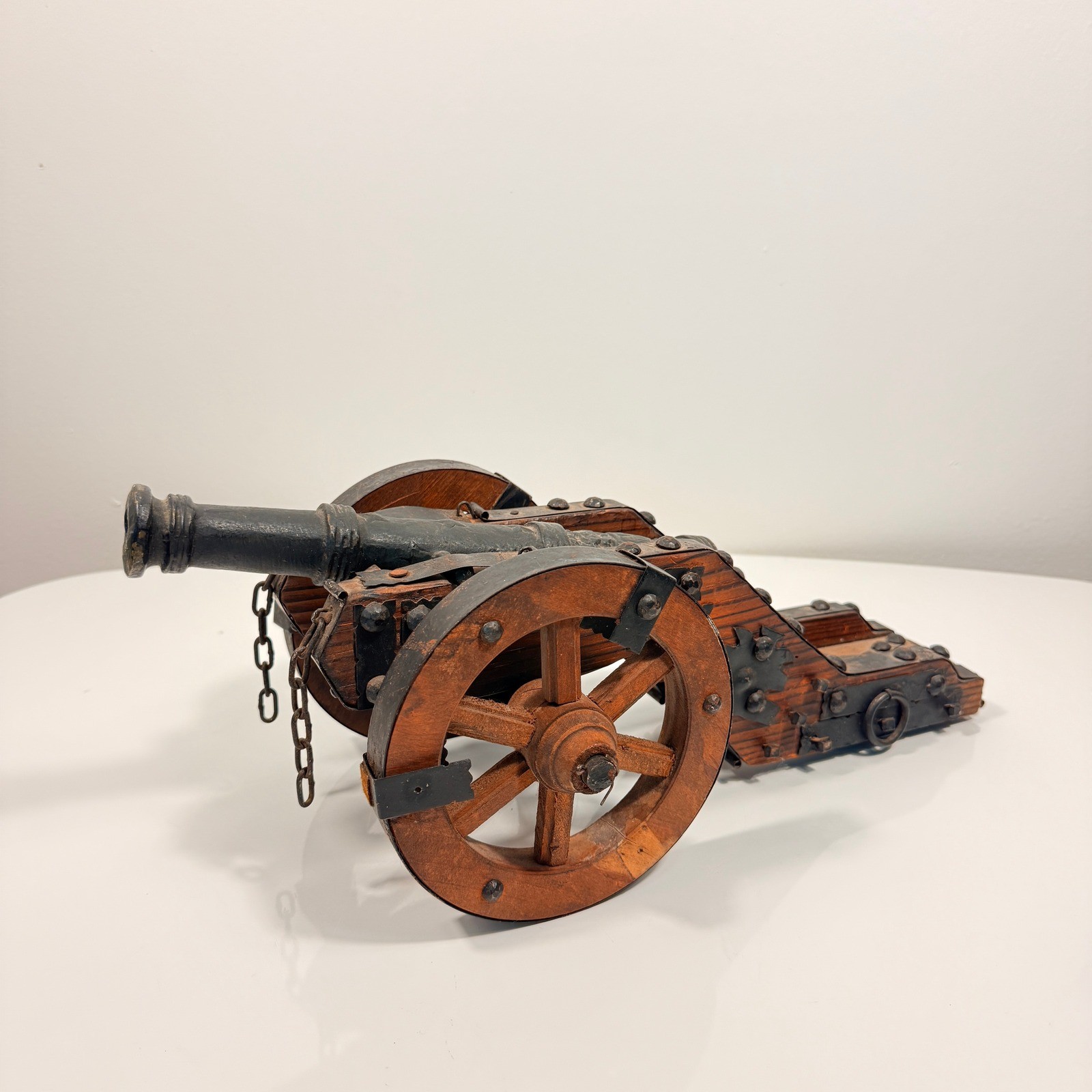 Vintage Wood and Metal Decorative Cannon Model Made in Spain Rustic Decor