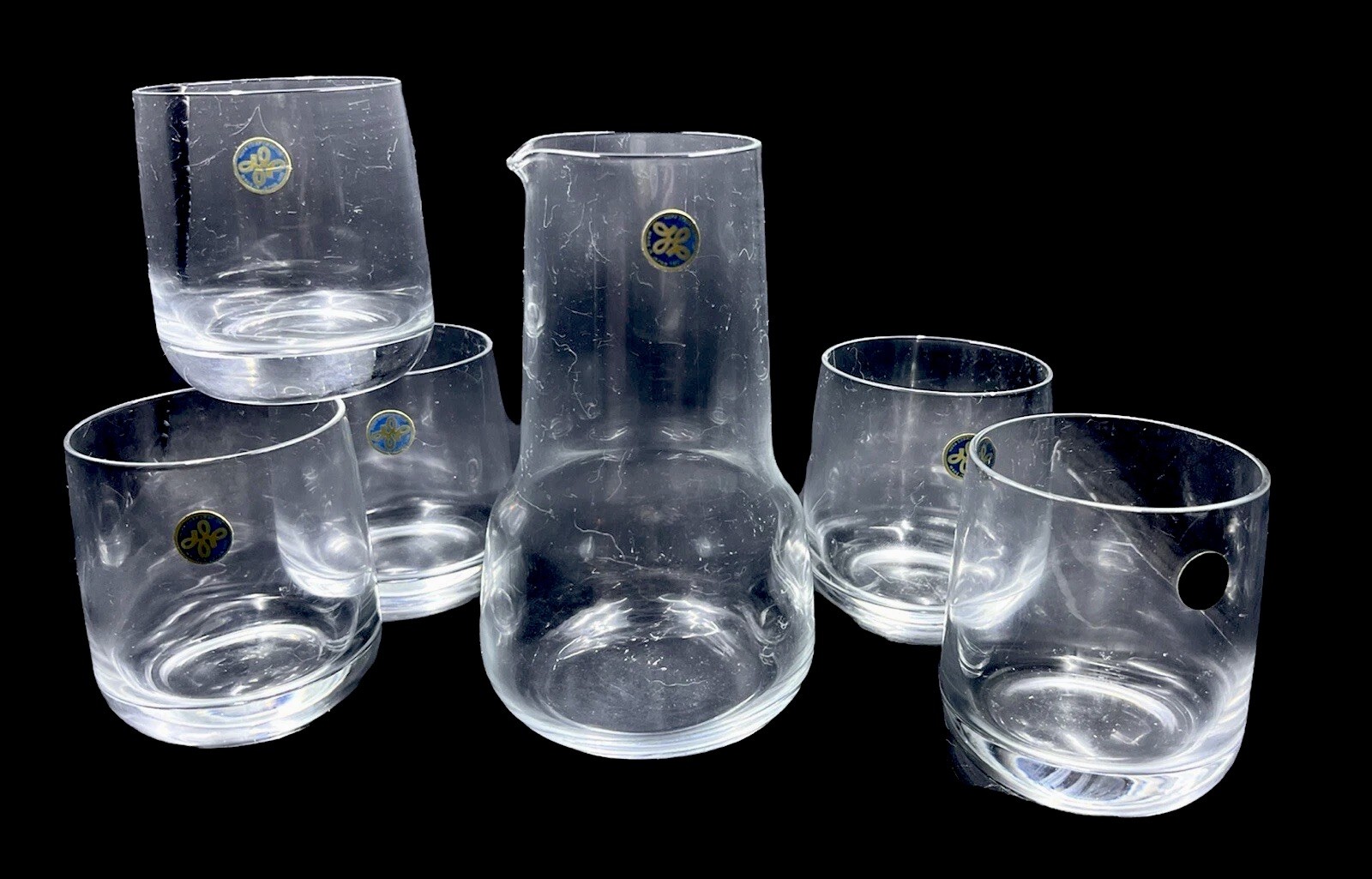 Rare Vintage MCM Hoya Bar Set Pitcher & 5 Glasses Japan Clear Glass Rare Vintage MCM Hoya Bar Set Pitcher & 5 Glasses Japan Clear Glass