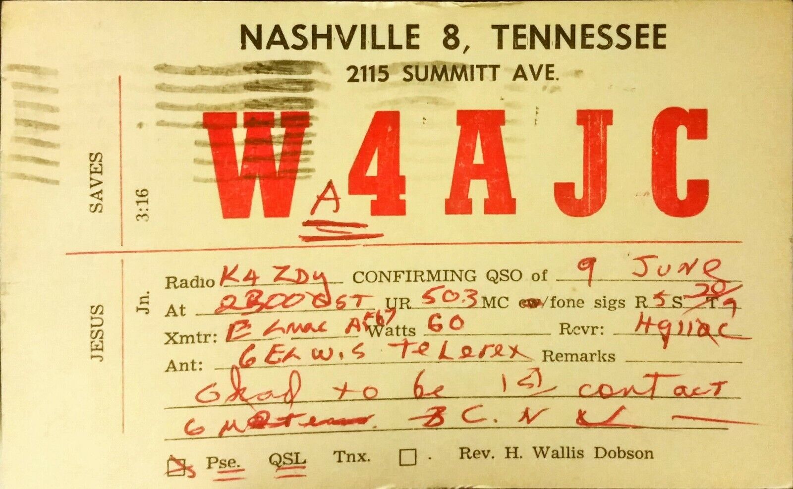 amateur ham radio QSL postcard W4AJC H. Wallis Dobson 1961 Nashville Tennessee