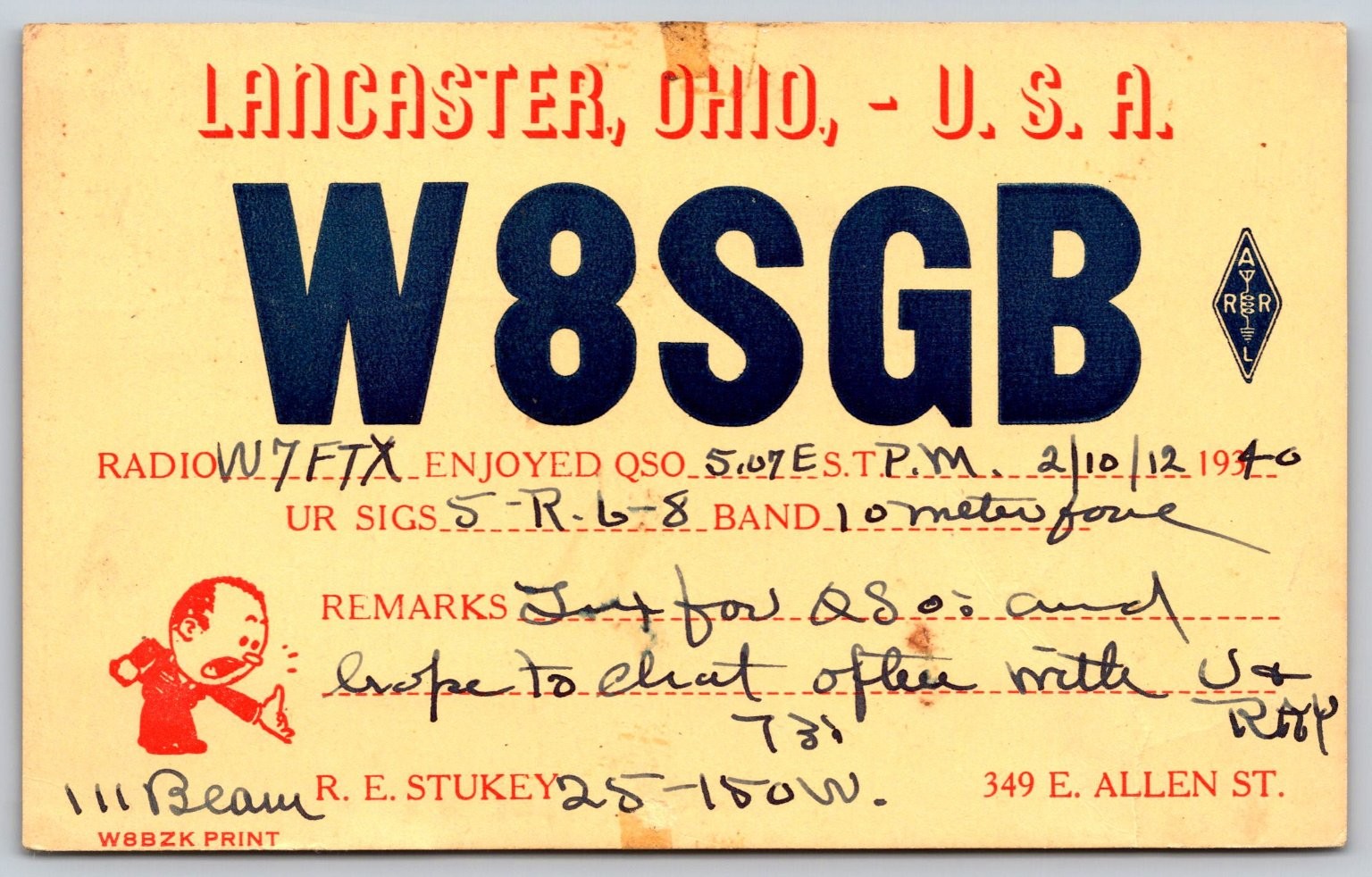 1940 Lancaster Ohio W8SGB Ham Radio QSL Card - W7FTX QSO - Vintage Postcard D446