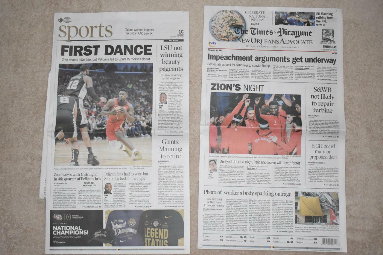 Zion Williamson Debut New Orleans Pelicans Advocate Newspaper 1/23/20 1st Dance