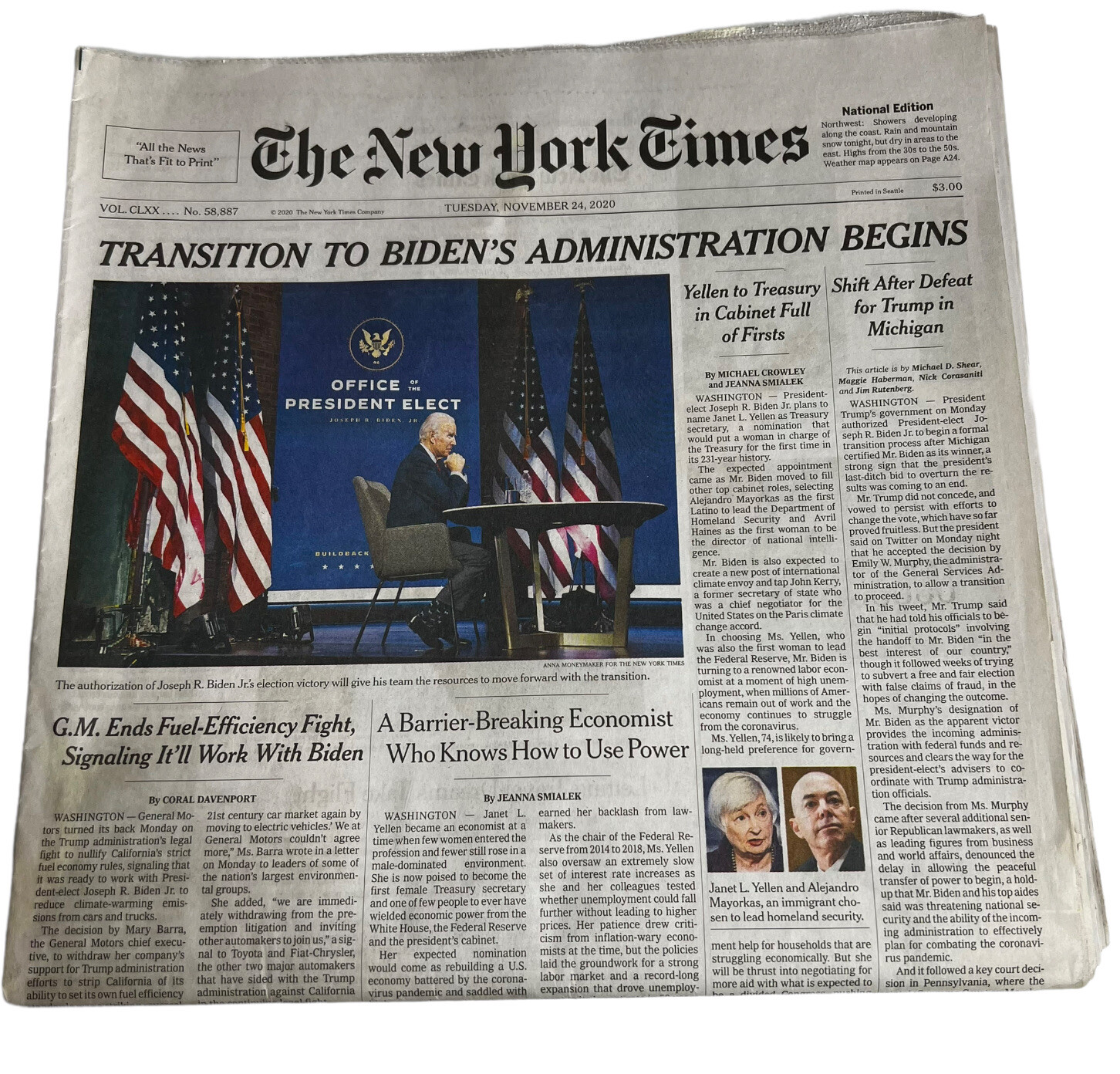 New York Times Paper November 24 2020 Transition to Bidens Administration Begins New York Times Paper November 24 2020 Transition to Bidens Administration Begins