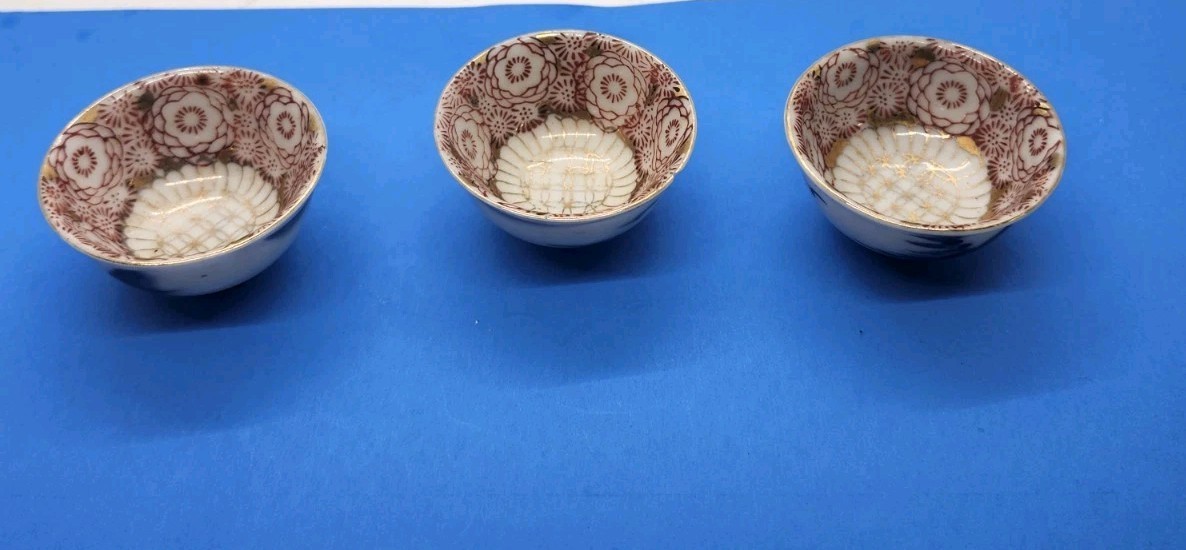 Vintage Japanese Porcelain Small bowls sake set of 3 brown blue floral japan Vintage Japanese Porcelain Small bowls sake set of 3 brown blue floral japan