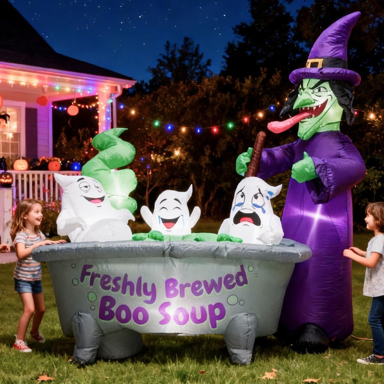 Vibrant 6FT Witch Cauldron Inflatable with 3 Ghosts – Instant Halloween Fun