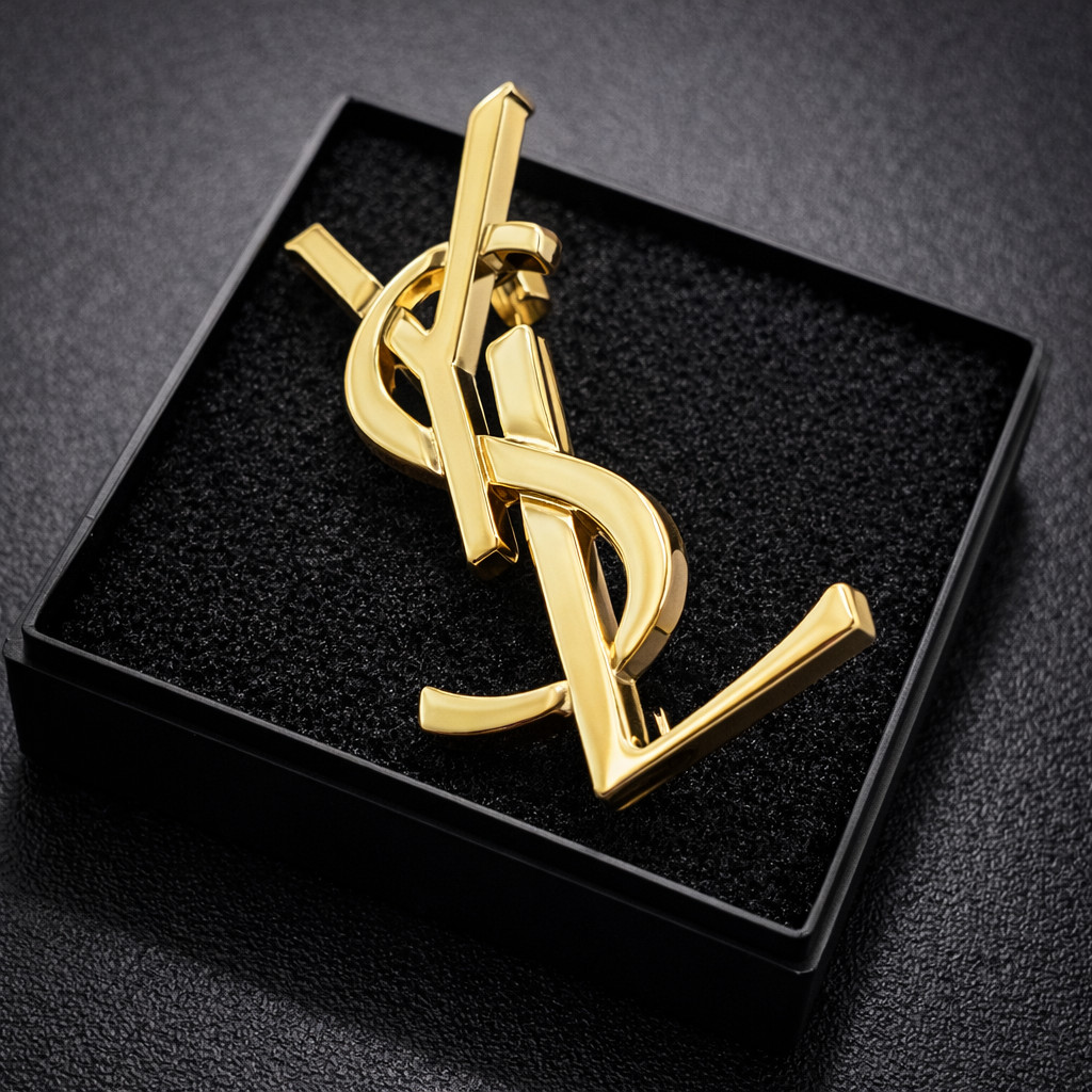YSL Small Gold Brooch for Hat Scarf Tie Collar Lapel Pin Saint Laurent Blazer YSL Small Gold Brooch for Hat Scarf Tie Collar Lapel Pin Saint Laurent Blazer
