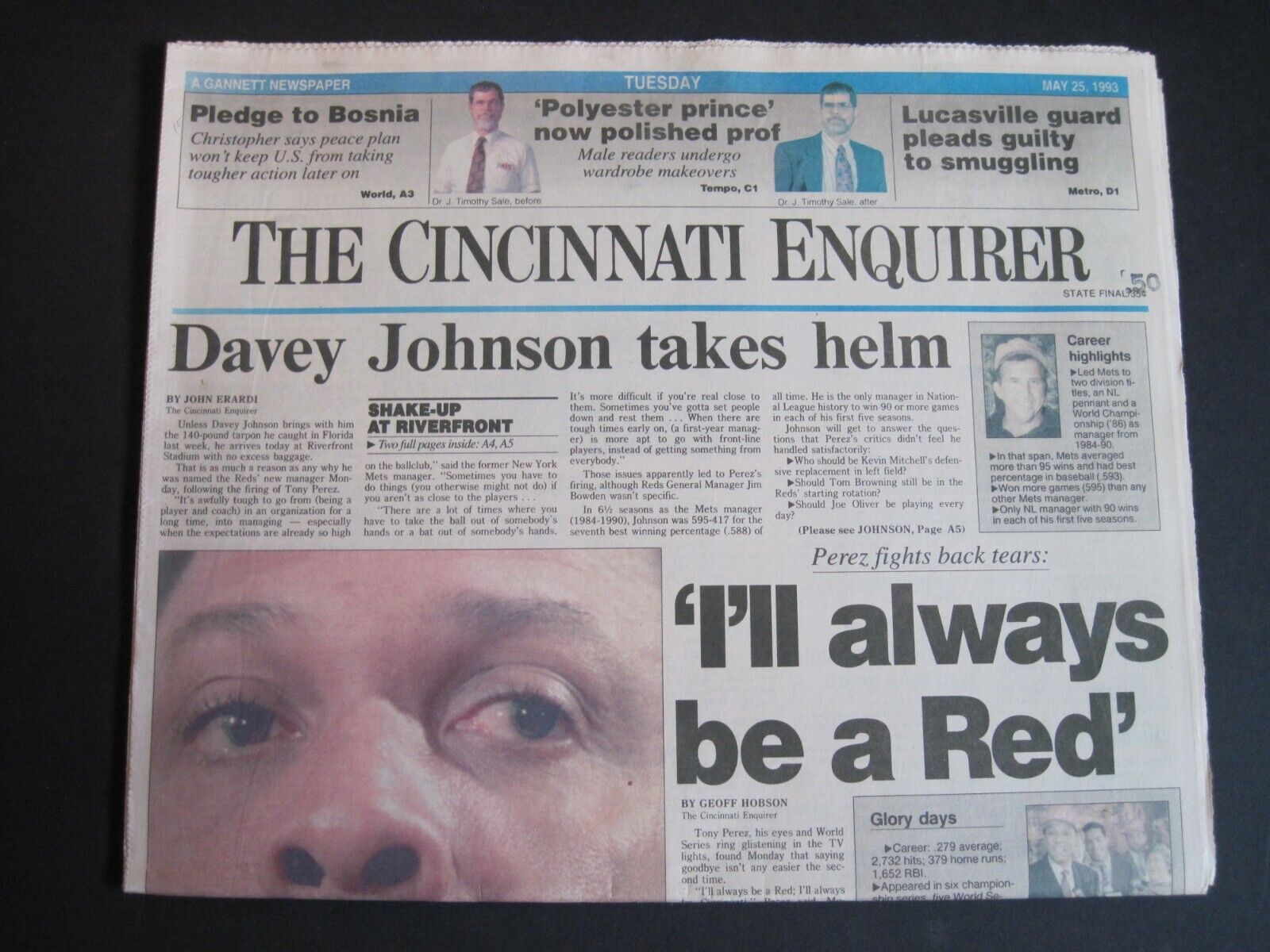 REDS 1993 Cincinnati Enquirer Newspaper MLB Baseball Davey Johnson Tony Perez