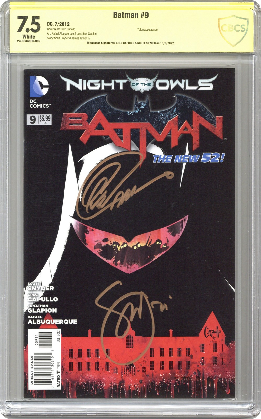Batman #9A Capullo CBCS 7.5 Witnessed Sig Capullo/ Snyder 2012 23-0B3A8B6-099